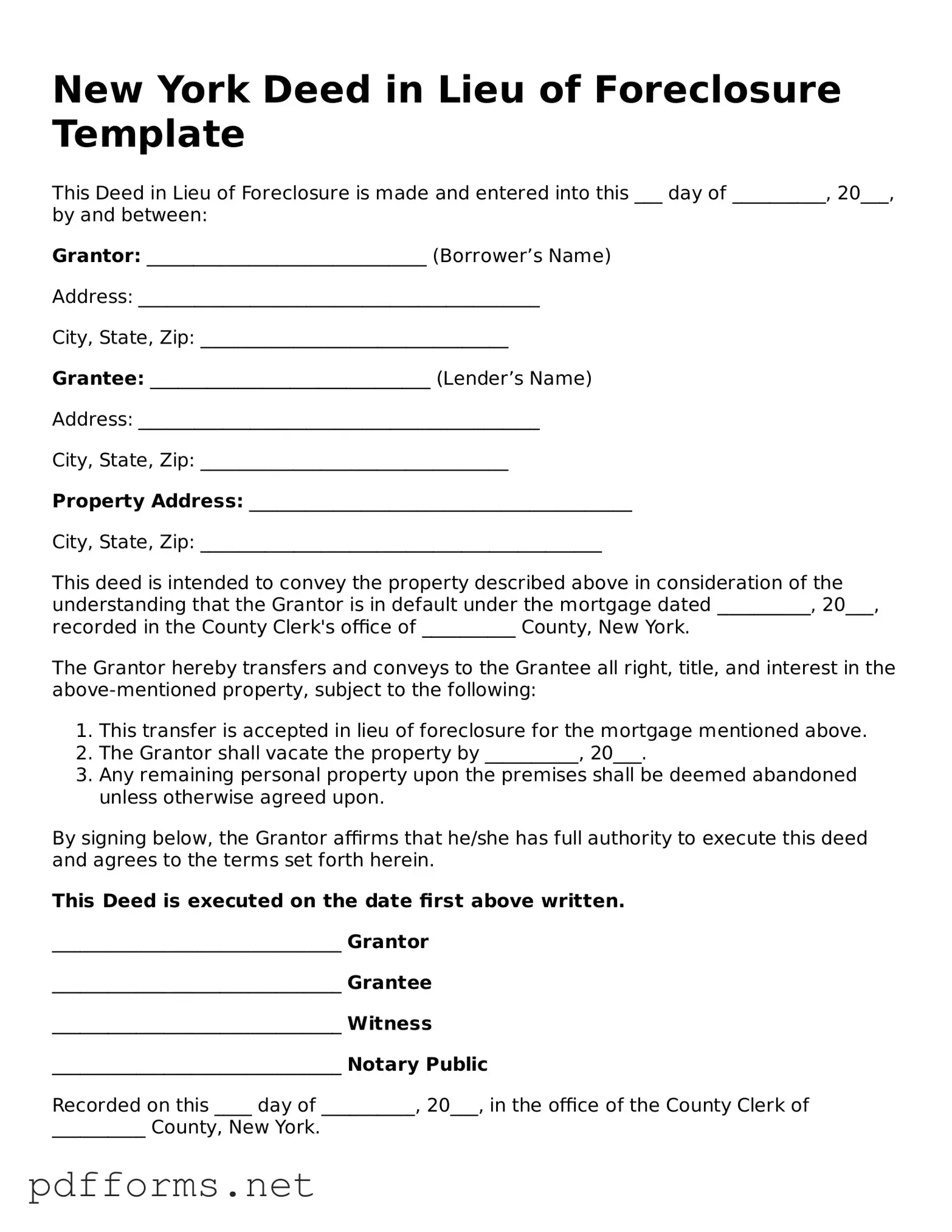 Free  Deed in Lieu of Foreclosure Document for New York
