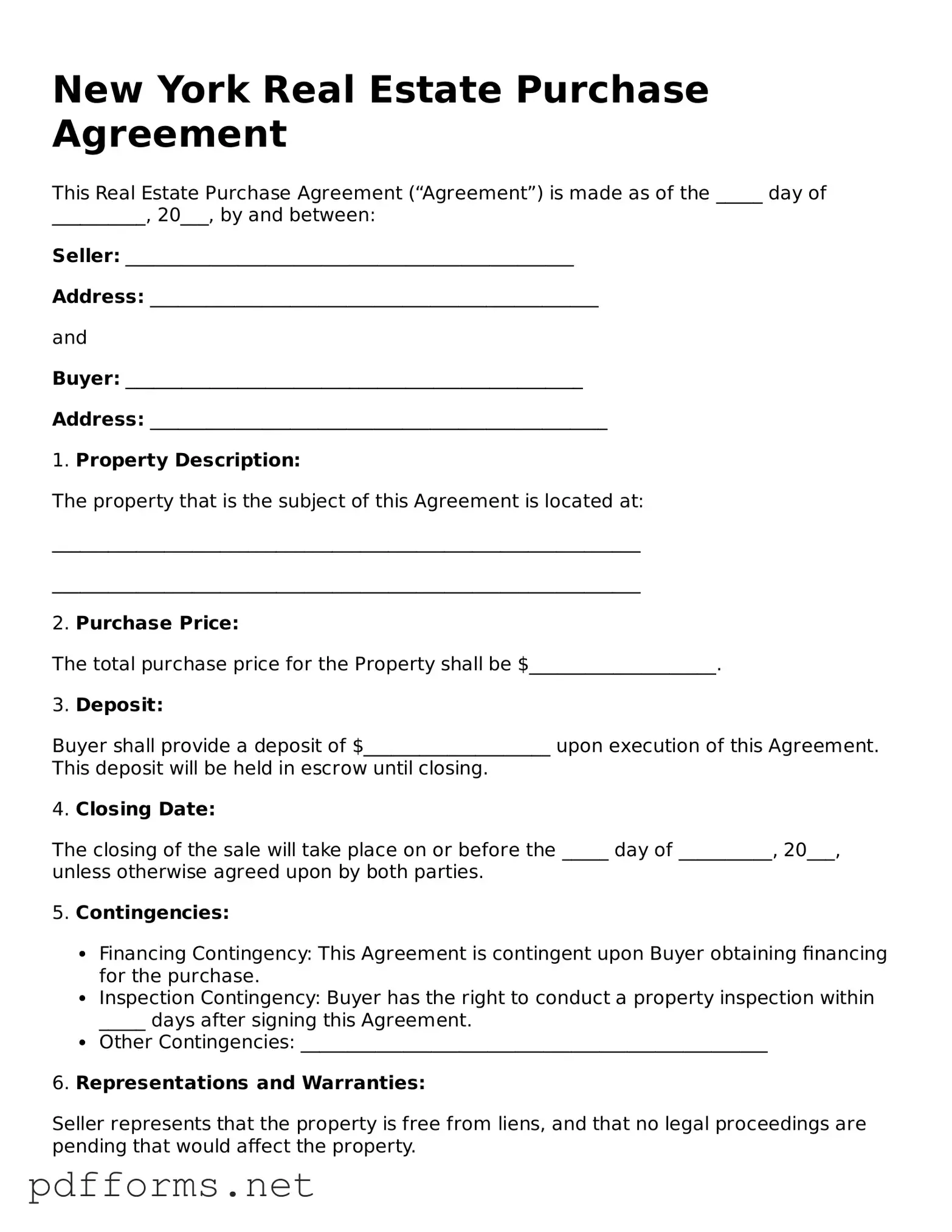 Free  Real Estate Purchase Agreement Document for New York
