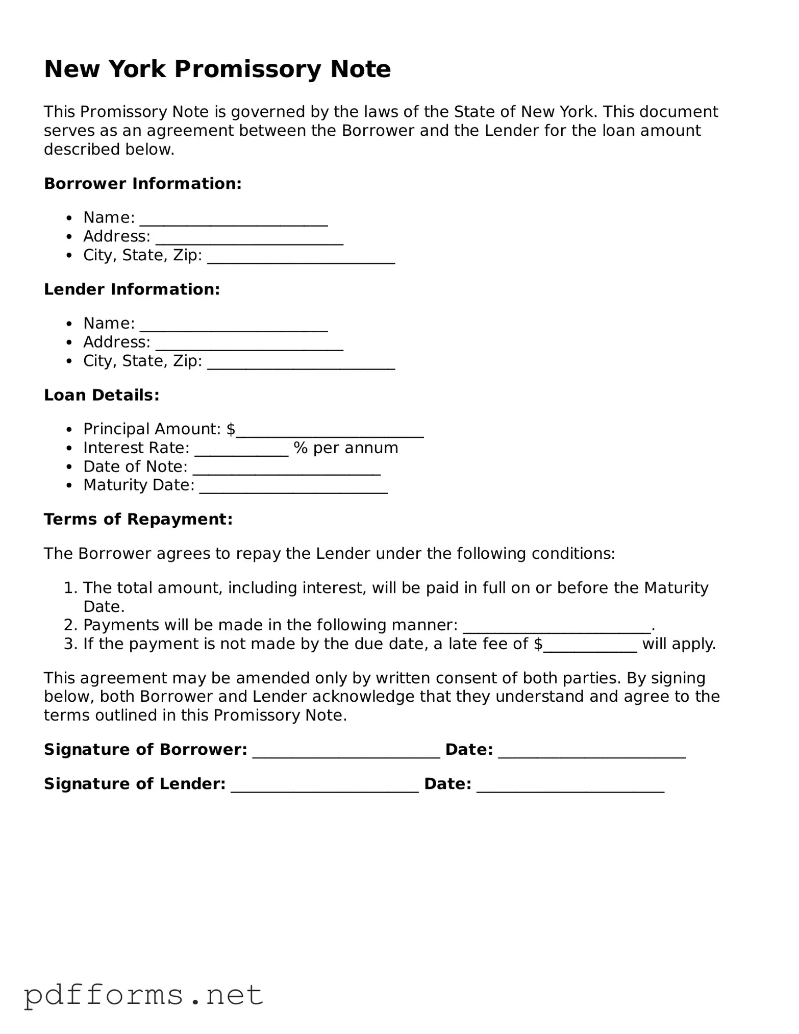 Free  Promissory Note Document for New York