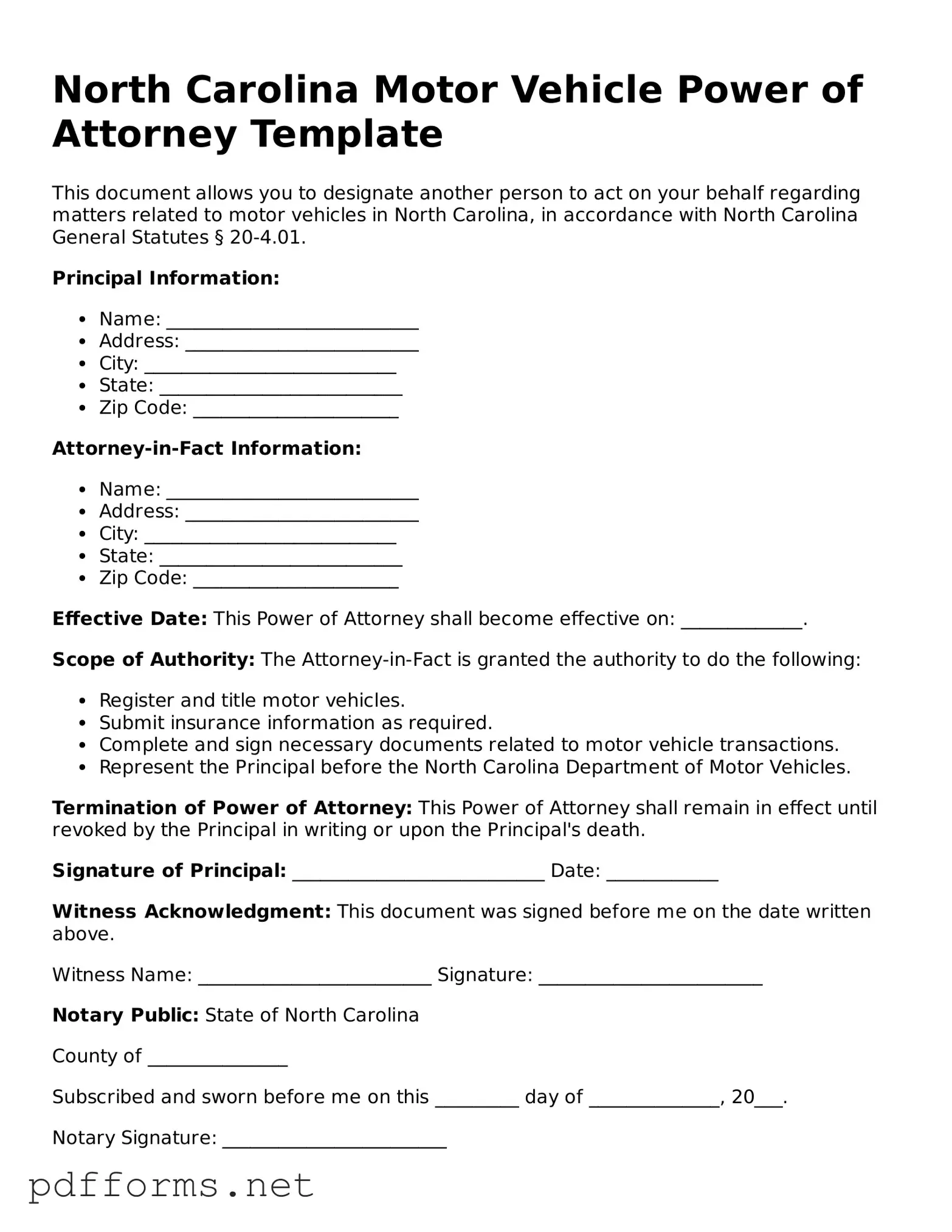 Free  Motor Vehicle Power of Attorney Document for North Carolina