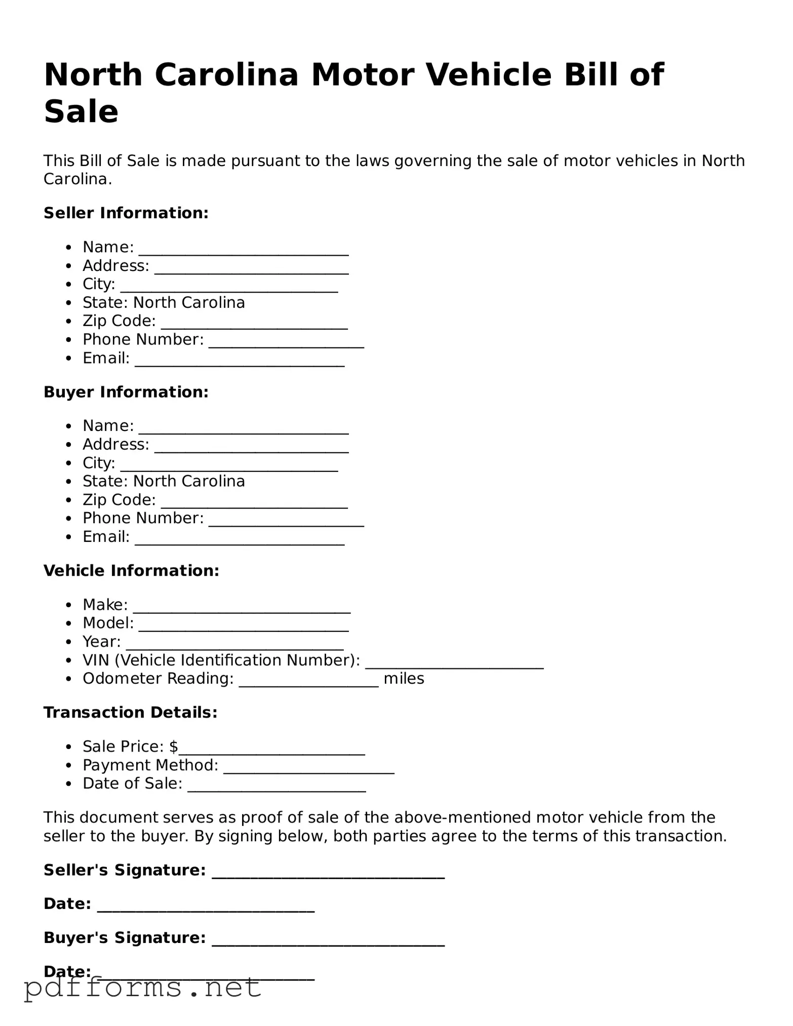 Free  Motor Vehicle Bill of Sale Document for North Carolina