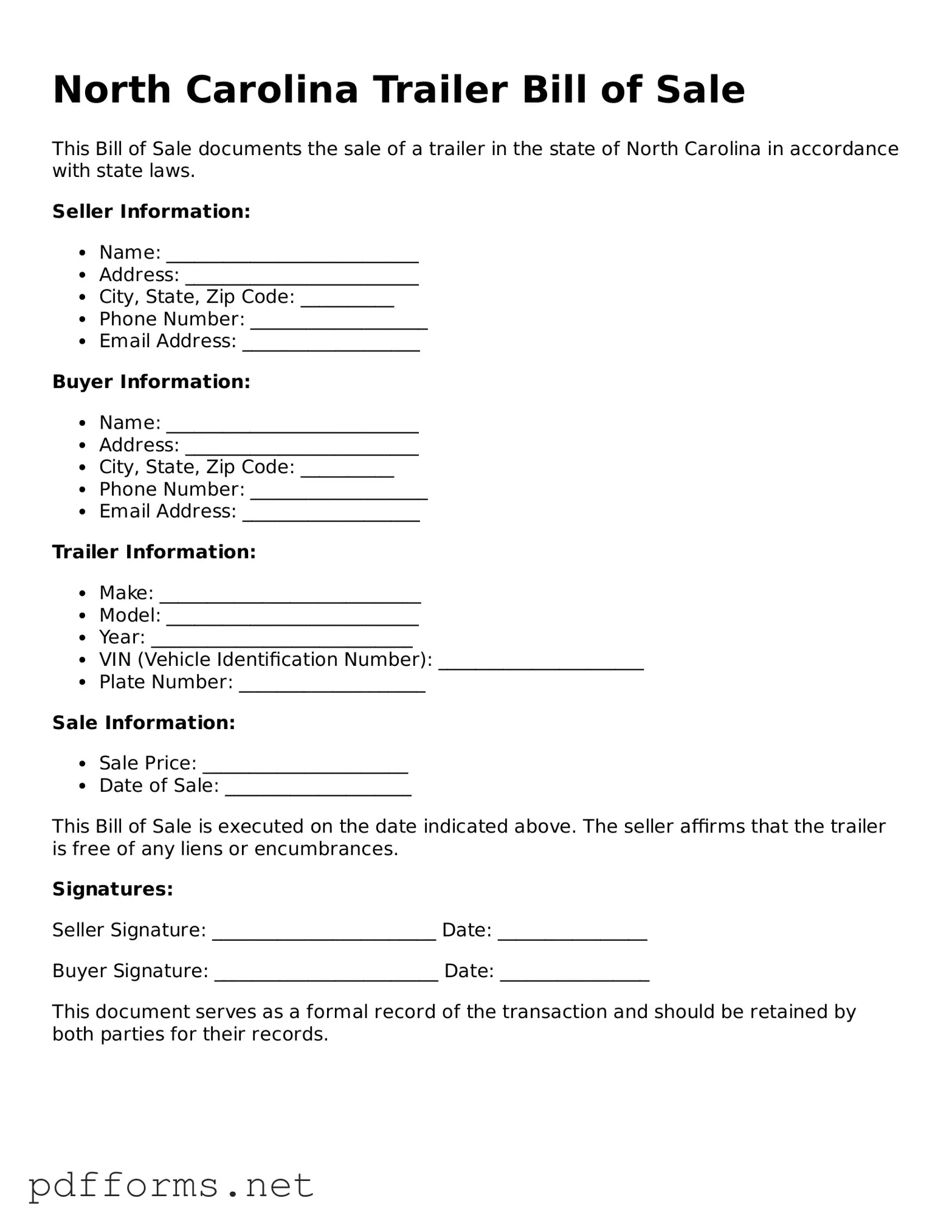 Free  Trailer Bill of Sale Document for North Carolina