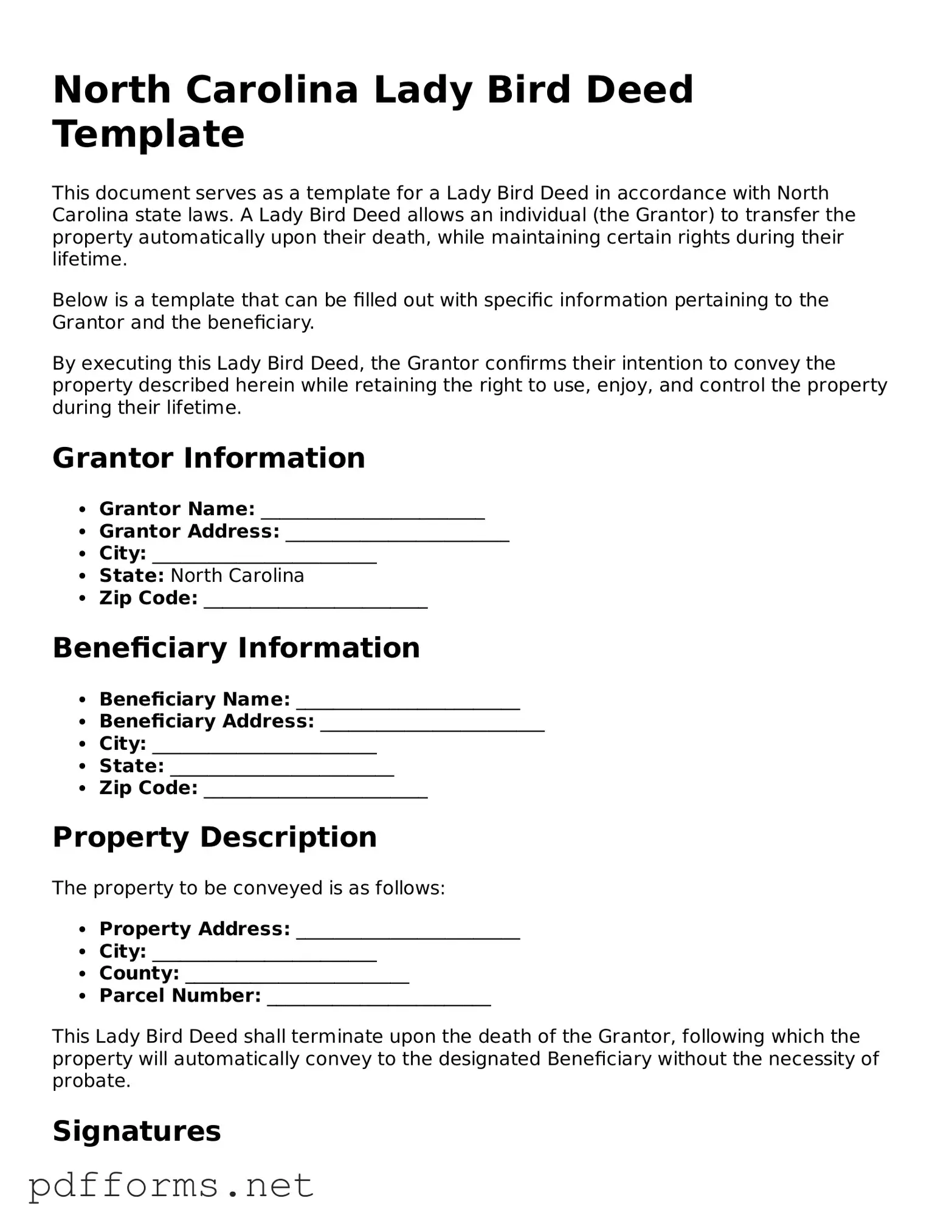 Free  Lady Bird Deed Document for North Carolina