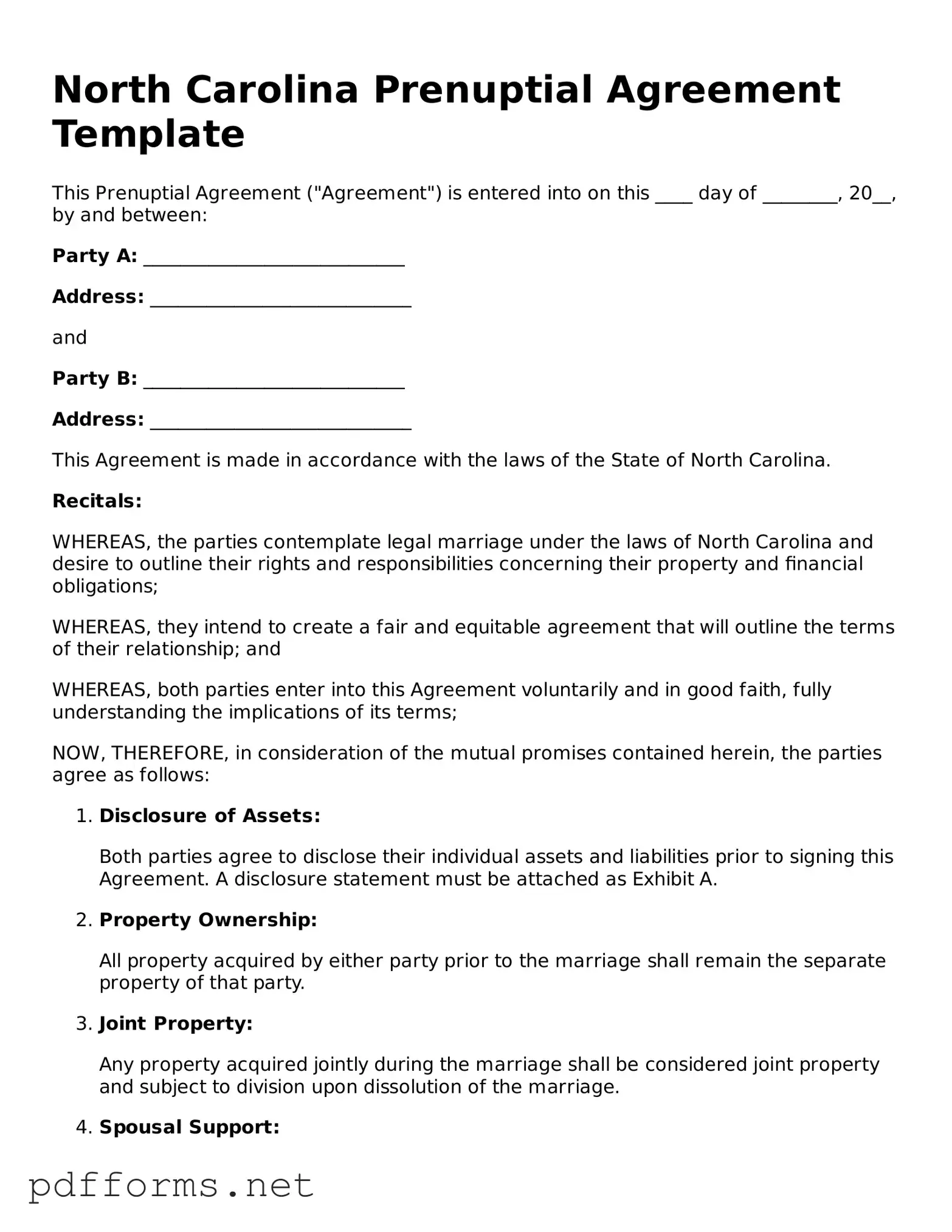 Free  Prenuptial Agreement Document for North Carolina