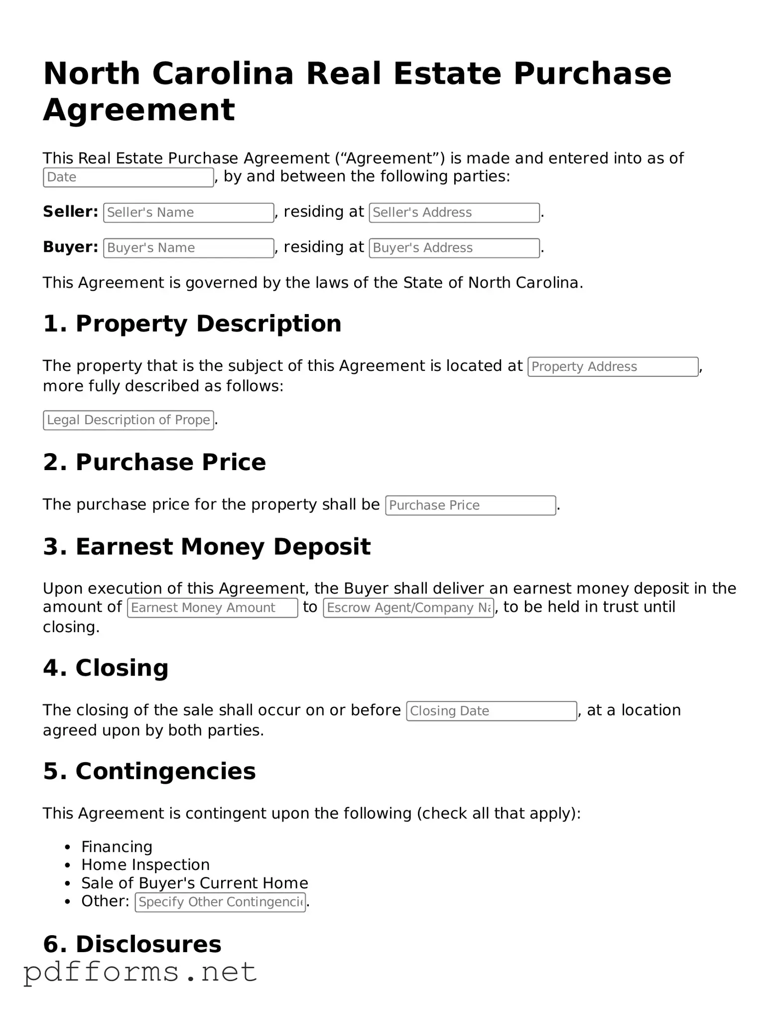 Free  Real Estate Purchase Agreement Document for North Carolina