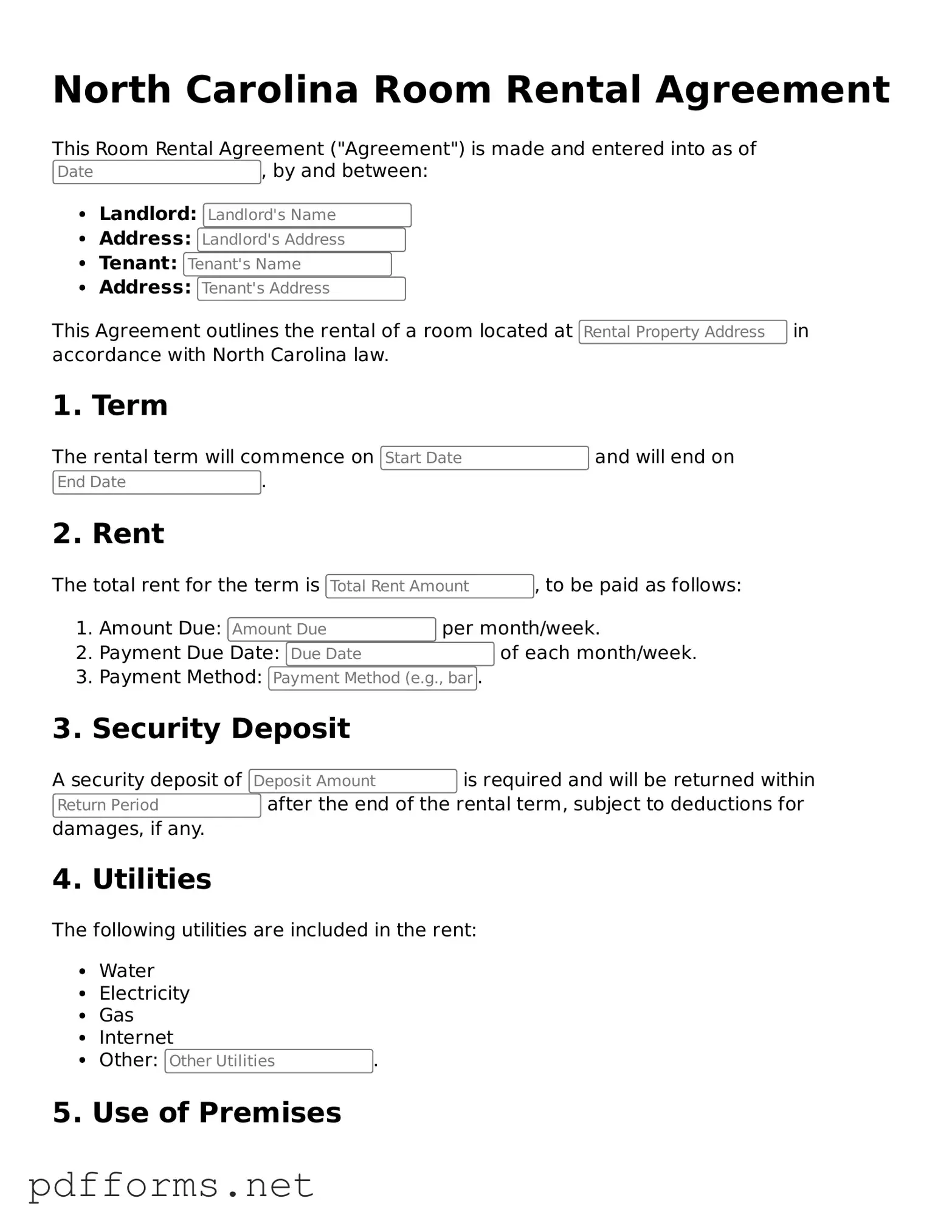 Free  Room Rental Agreement Document for North Carolina