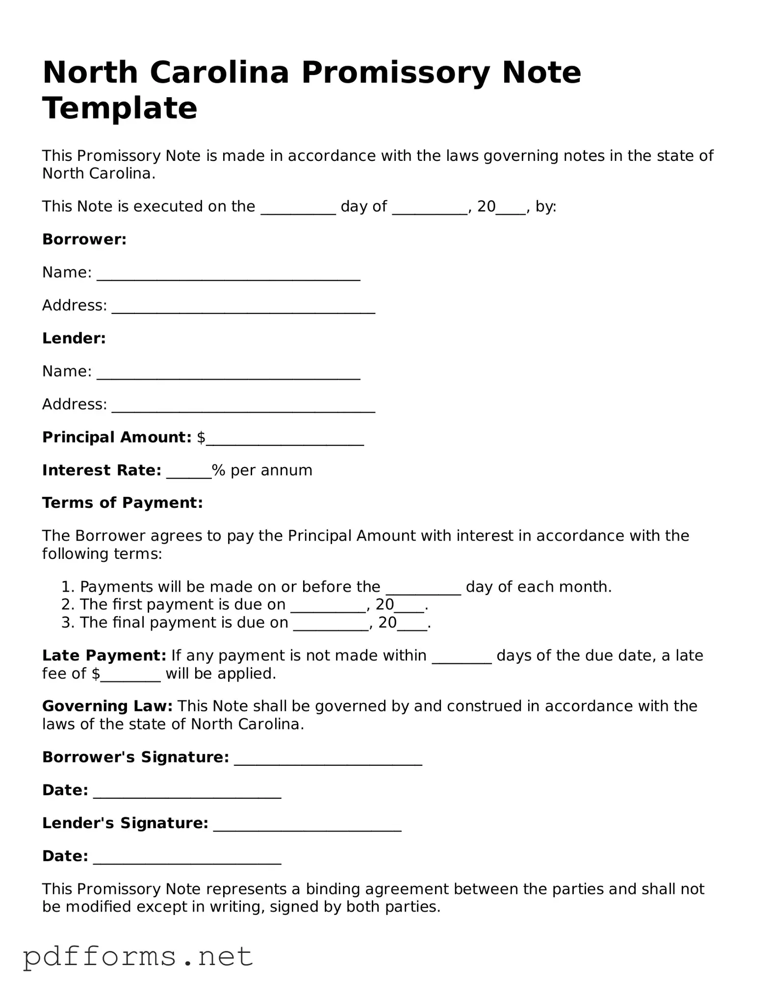 Free  Promissory Note Document for North Carolina