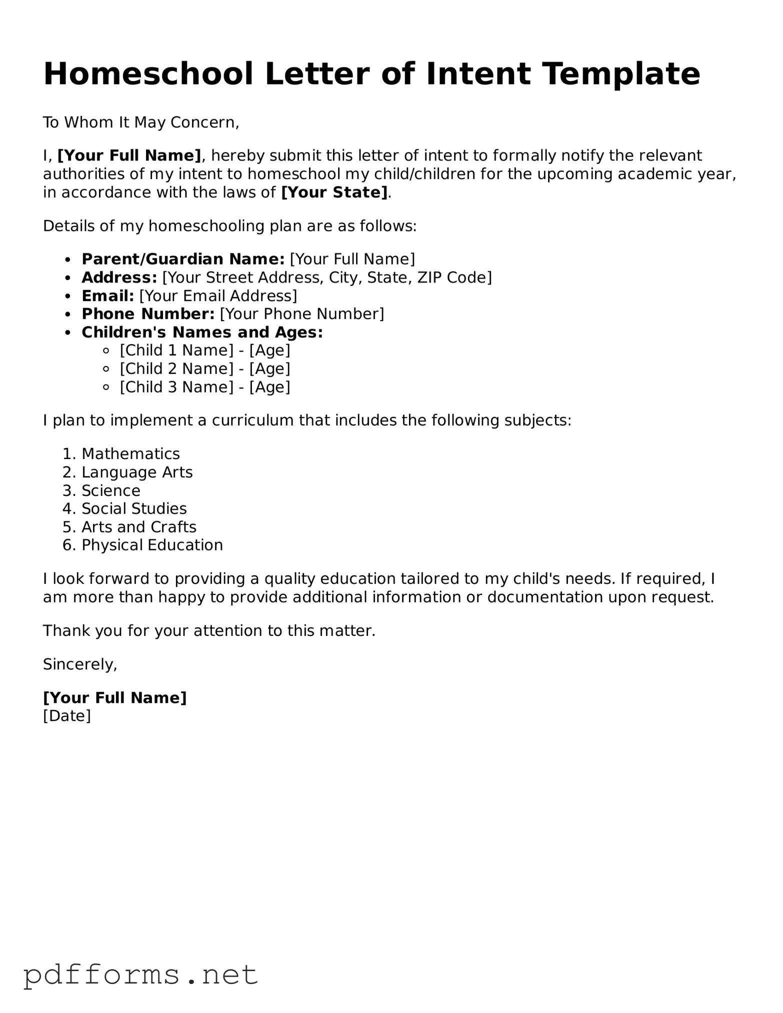 Official Homeschool Letter of Intent Template