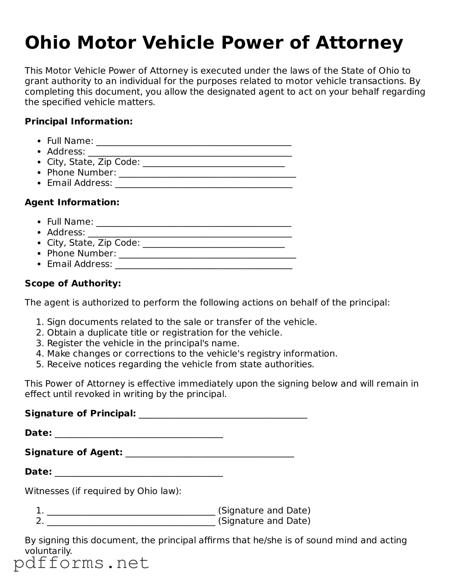 Free  Motor Vehicle Power of Attorney Document for Ohio