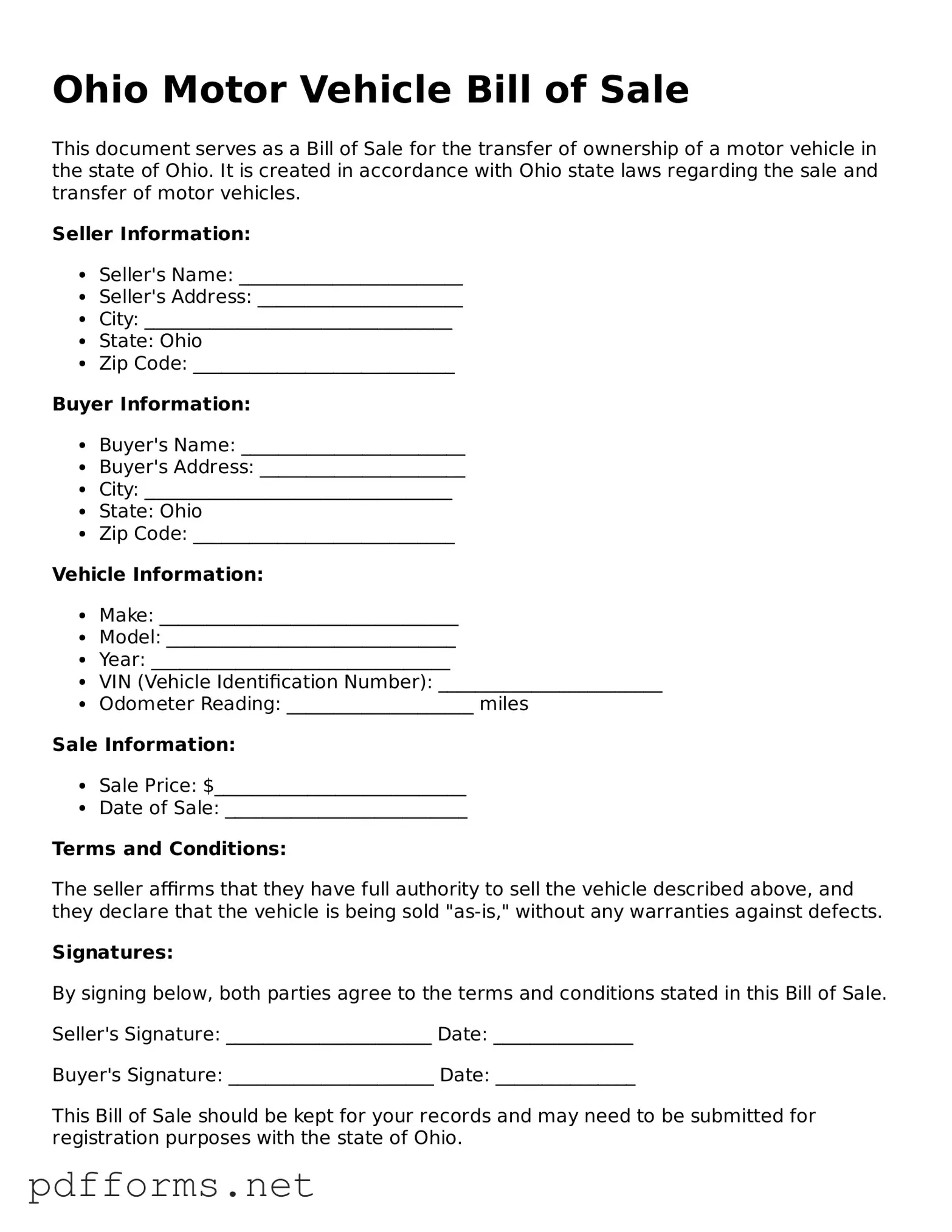 Free  Motor Vehicle Bill of Sale Document for Ohio