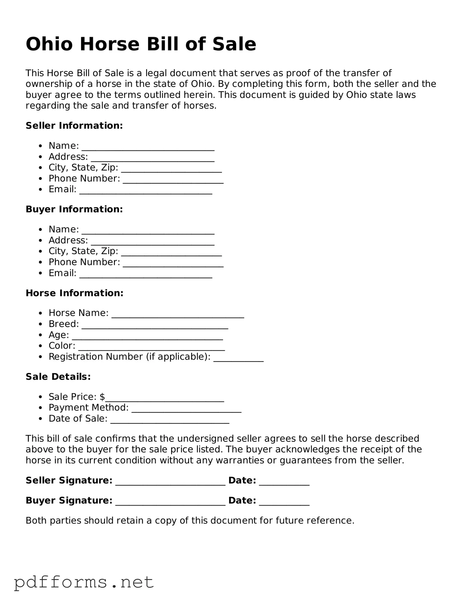 Free  Horse Bill of Sale Document for Ohio