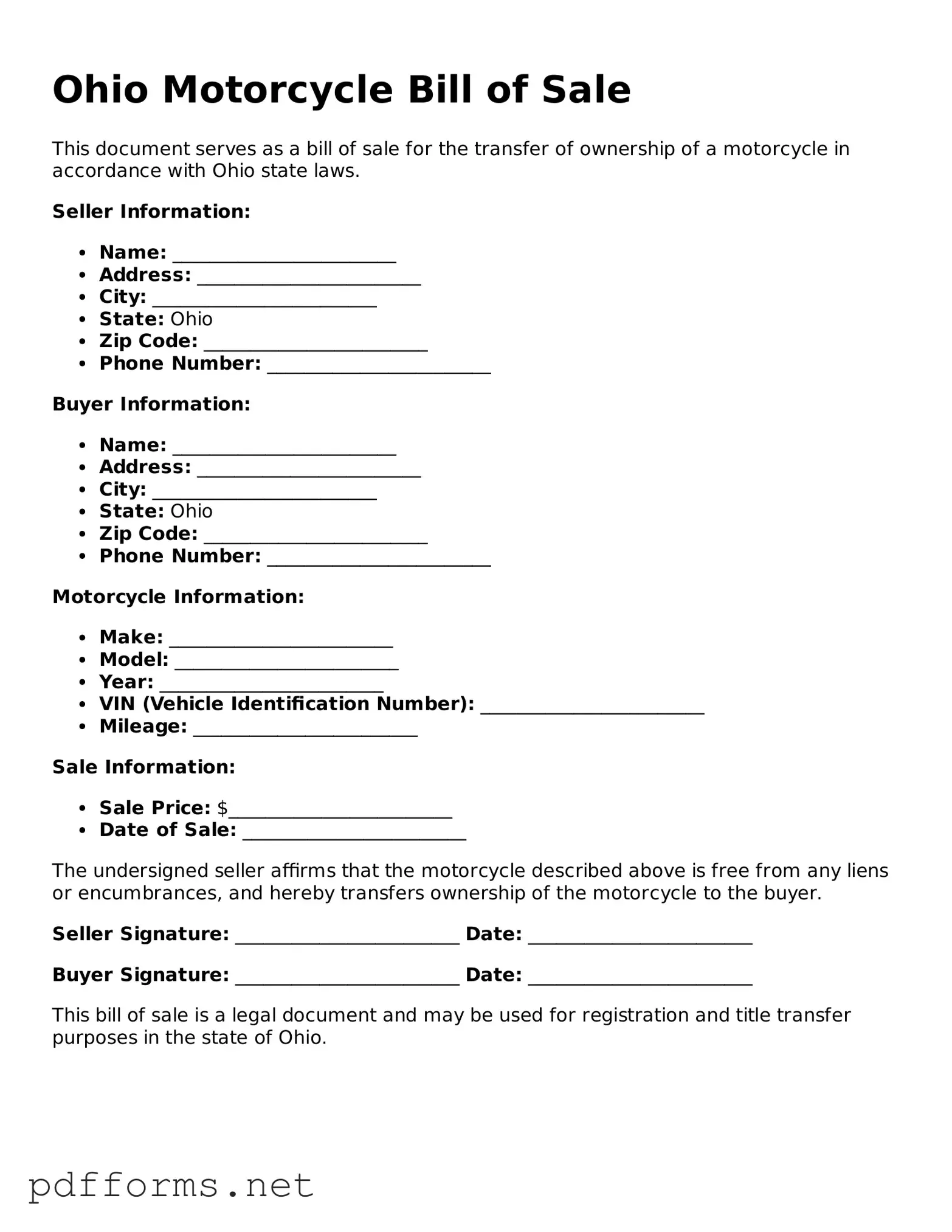 Free  Motorcycle Bill of Sale Document for Ohio