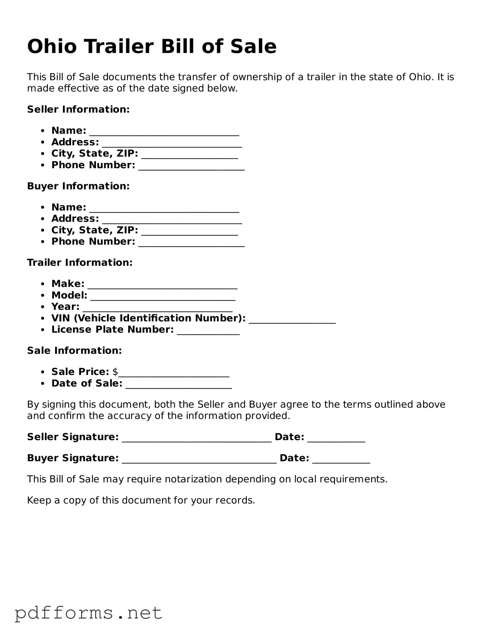 Free  Trailer Bill of Sale Document for Ohio