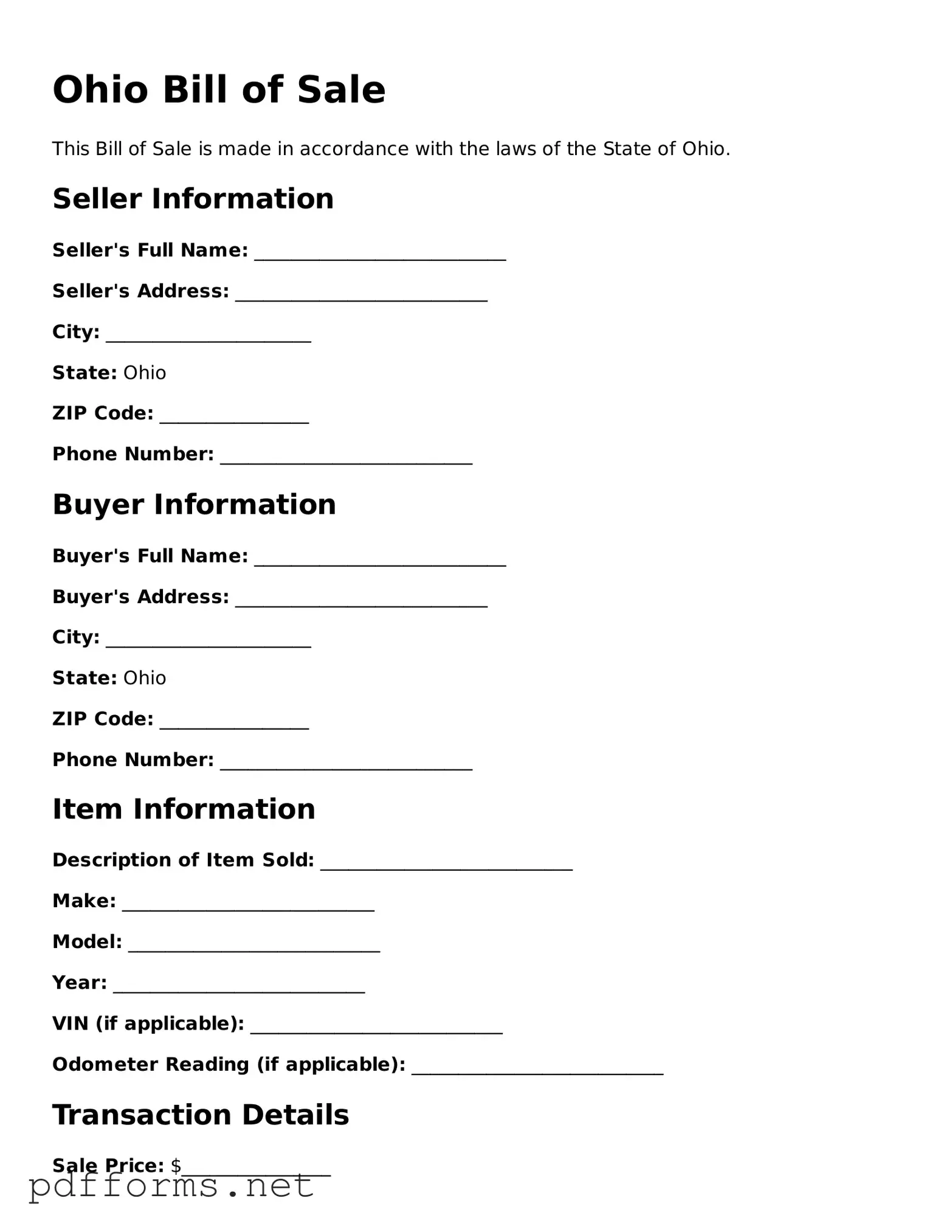 Free  Bill of Sale Document for Ohio