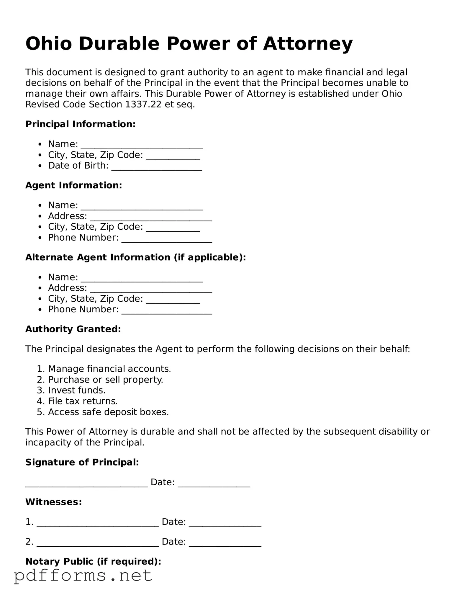 Free  Durable Power of Attorney Document for Ohio