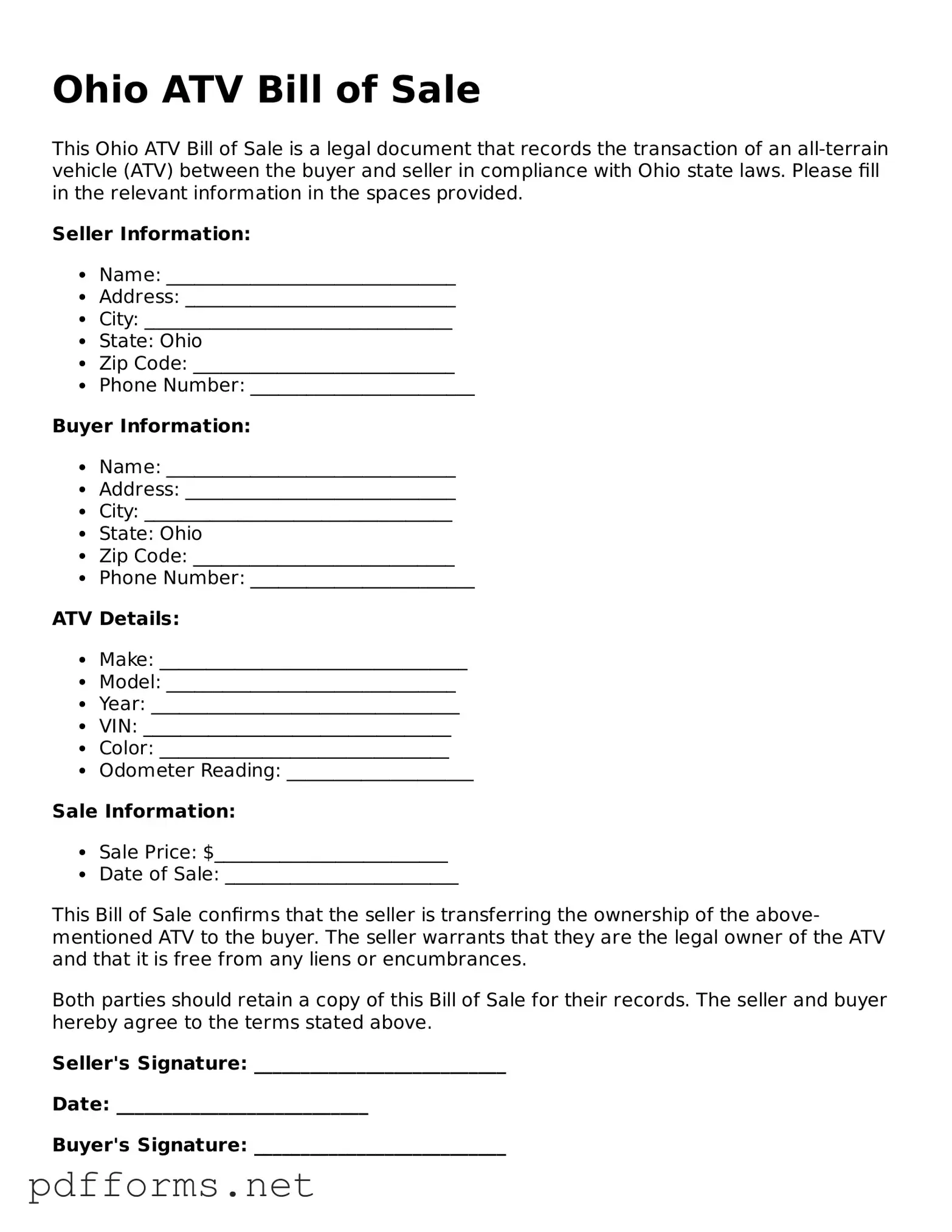 Free  ATV Bill of Sale Document for Ohio