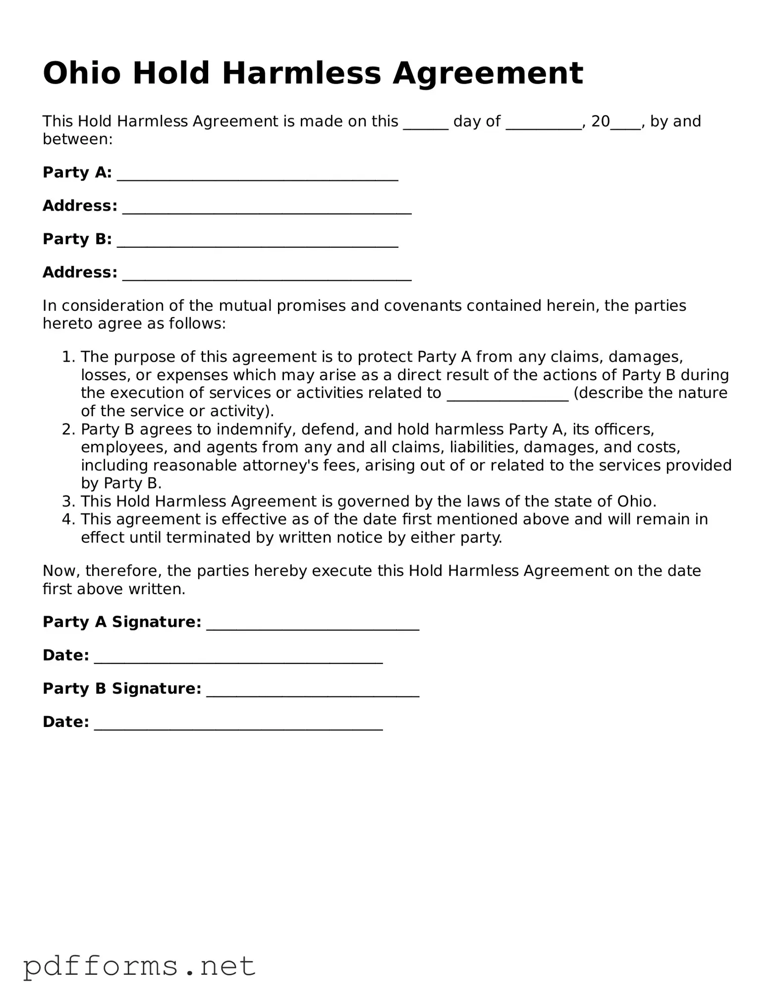 Free  Hold Harmless Agreement Document for Ohio