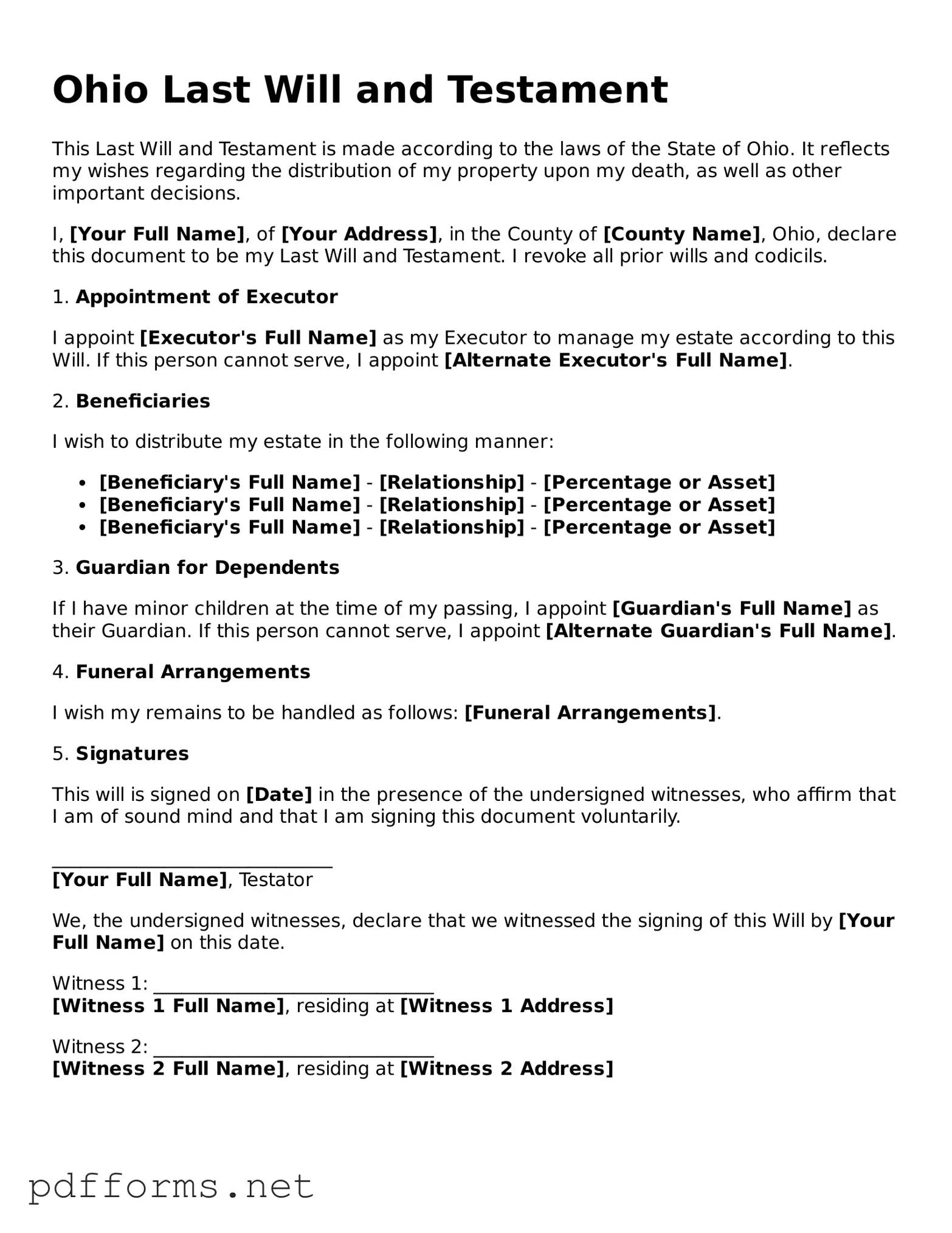 Free  Last Will and Testament Document for Ohio