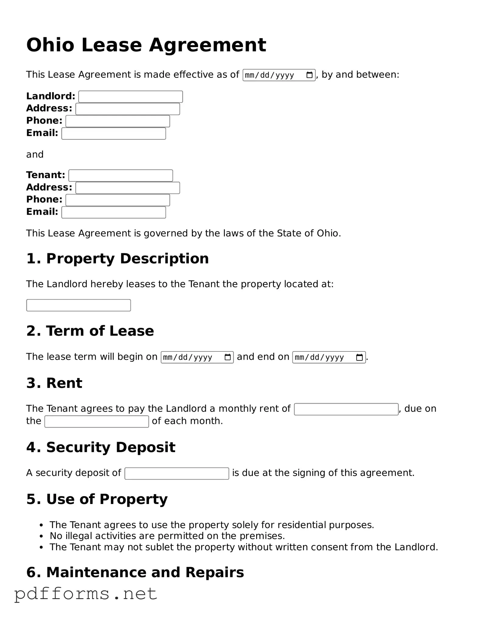 Free  Lease Agreement Document for Ohio