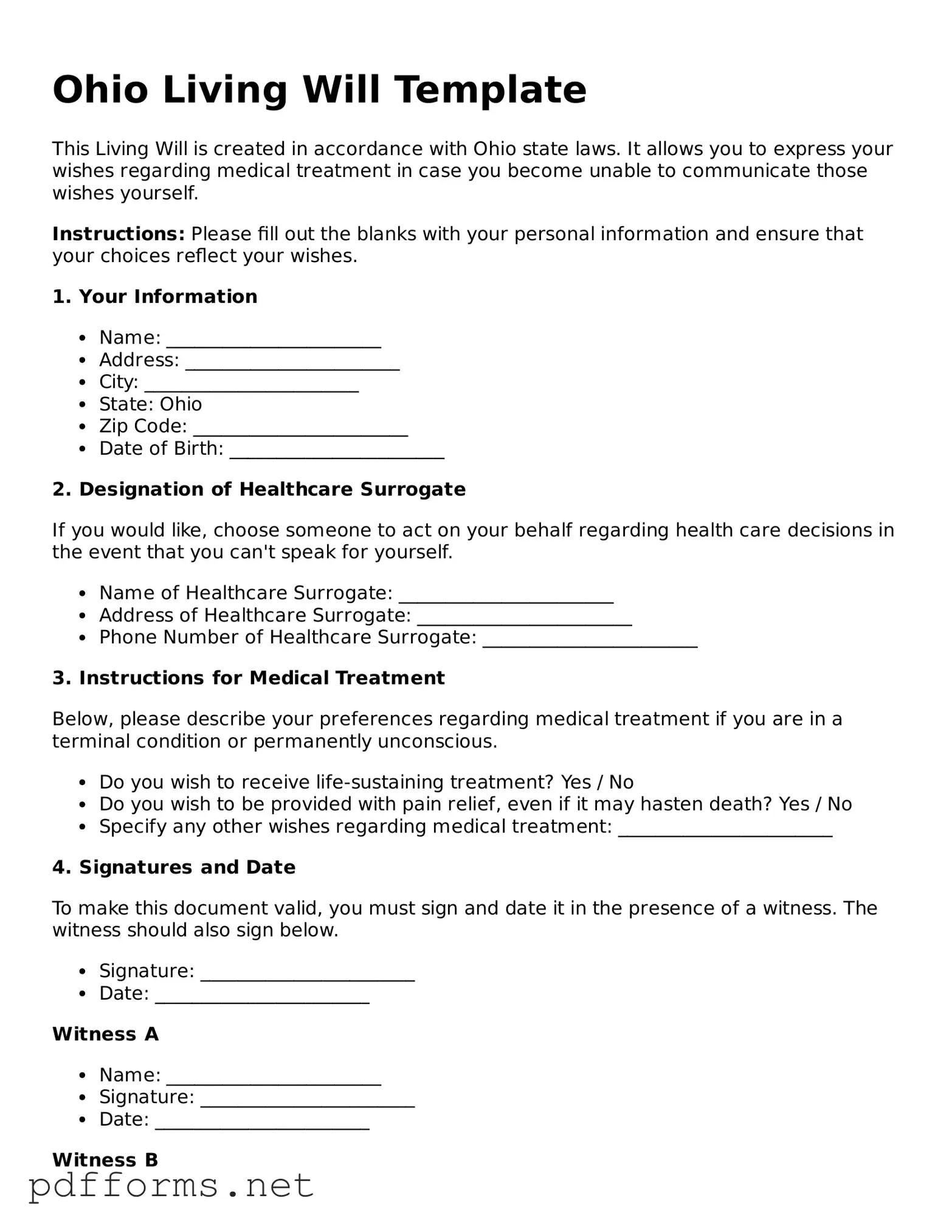 Free  Living Will Document for Ohio