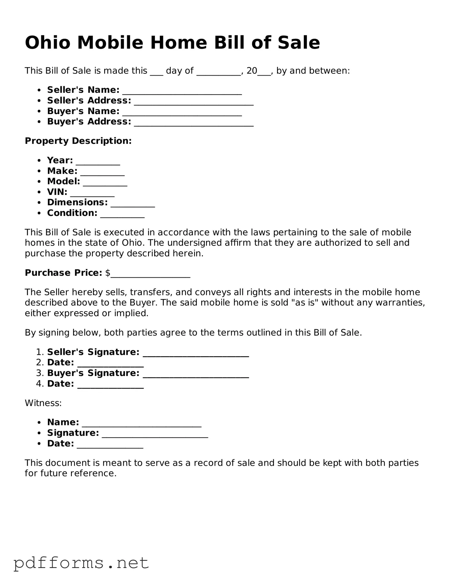 Free  Mobile Home Bill of Sale Document for Ohio