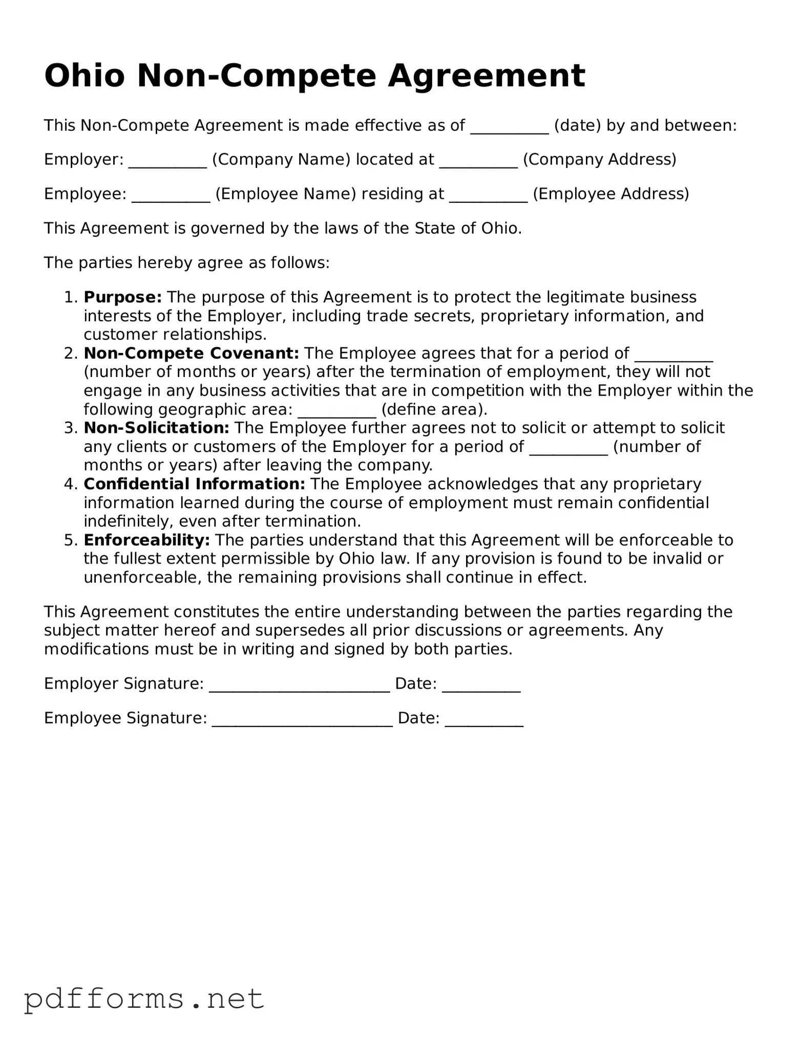 Free  Non-compete Agreement Document for Ohio