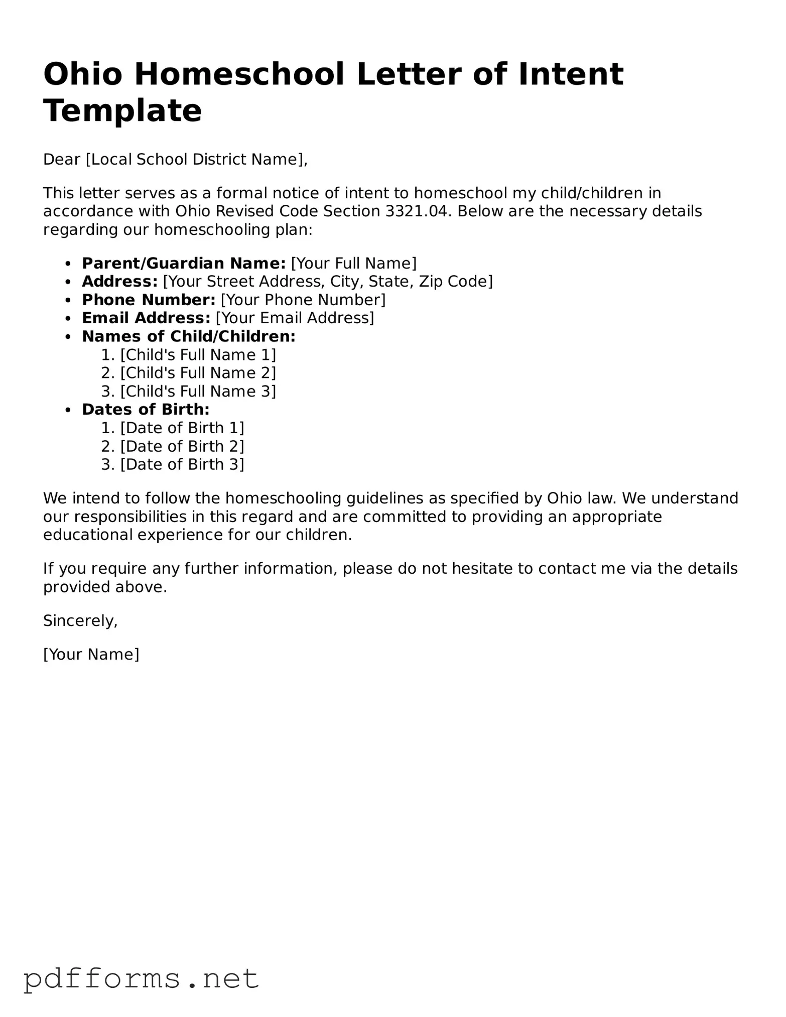 Free  Homeschool Letter of Intent Document for Ohio