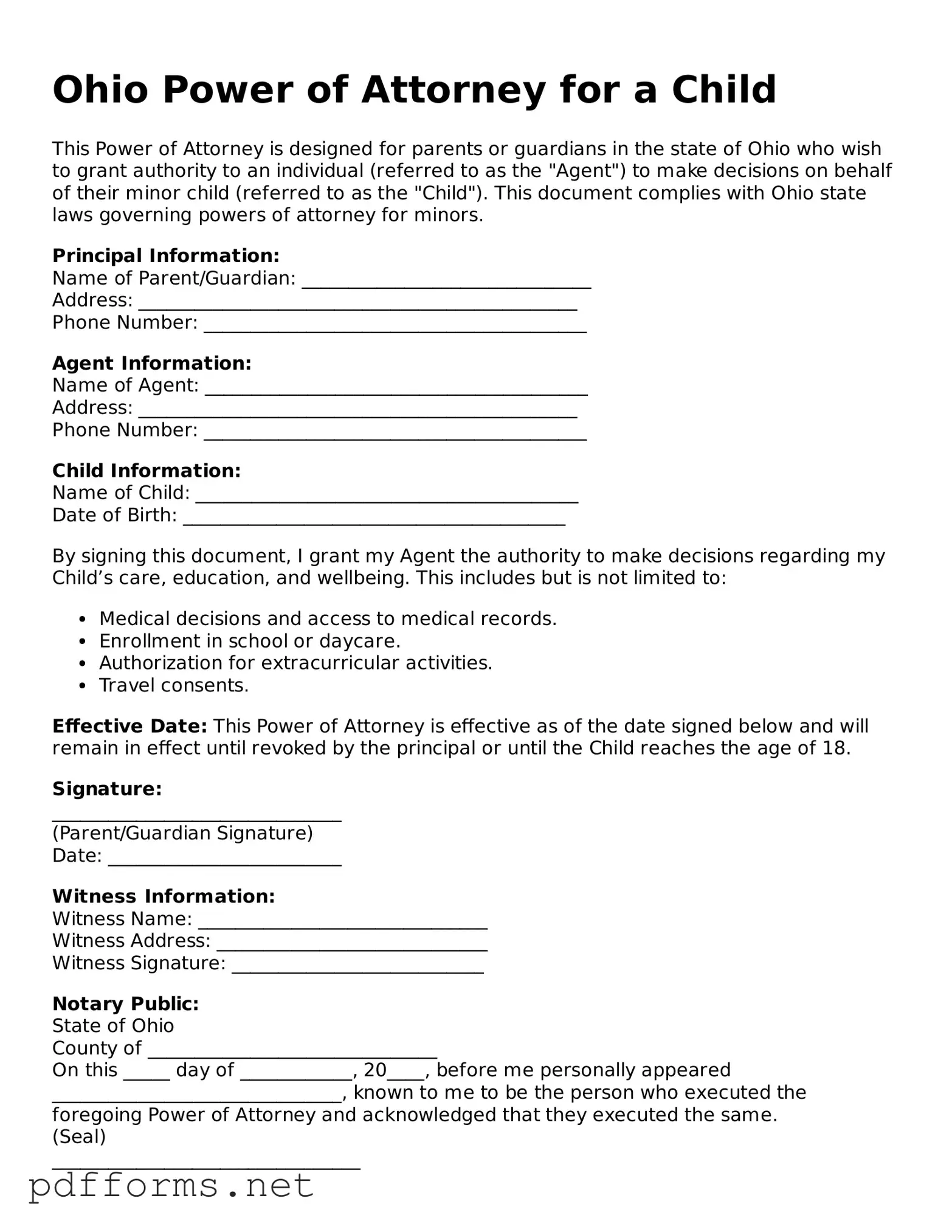 Free  Power of Attorney for a Child Document for Ohio
