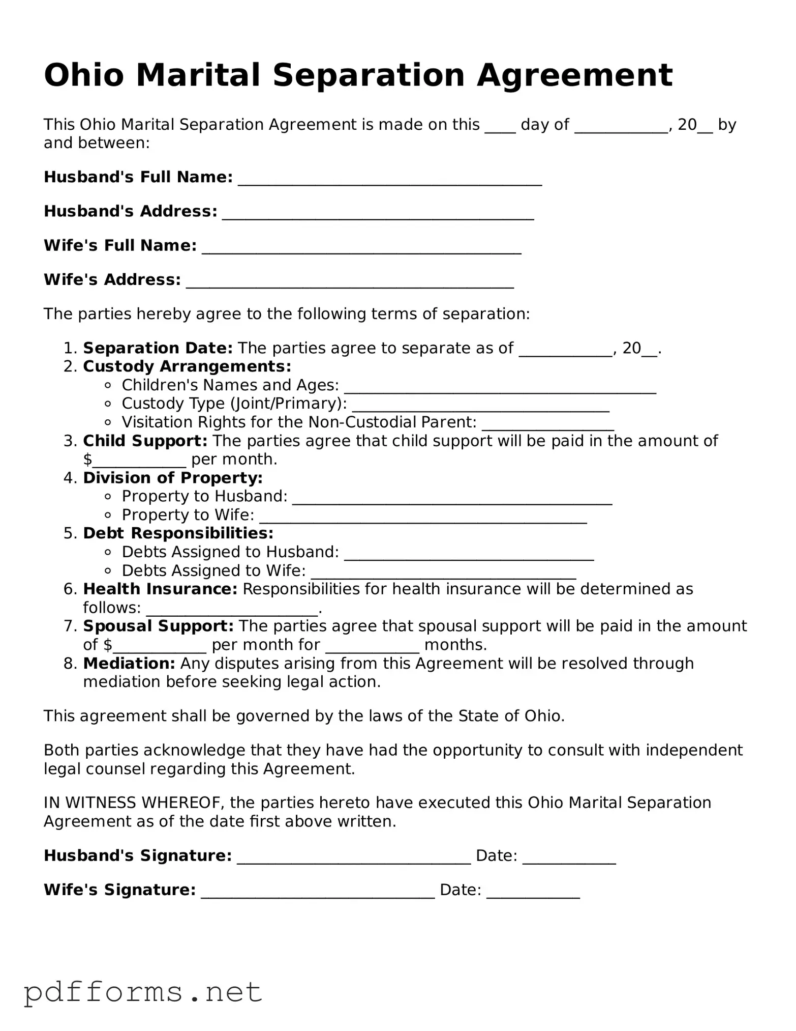 Free  Marital Separation Agreement Document for Ohio
