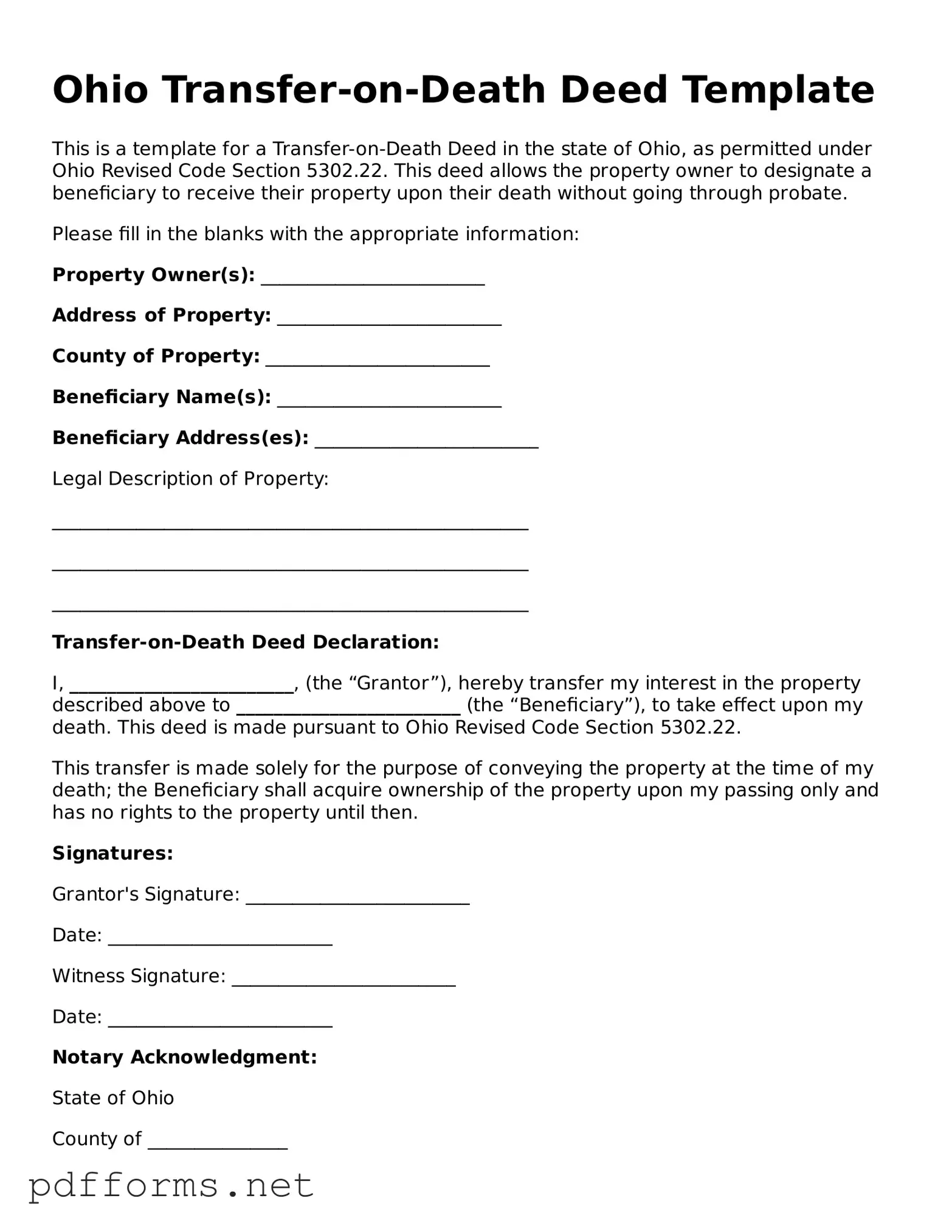 Free  Transfer-on-Death Deed Document for Ohio