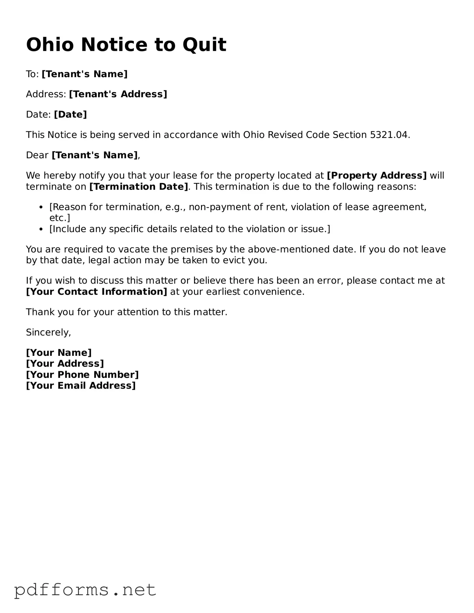 Free  Notice to Quit Document for Ohio