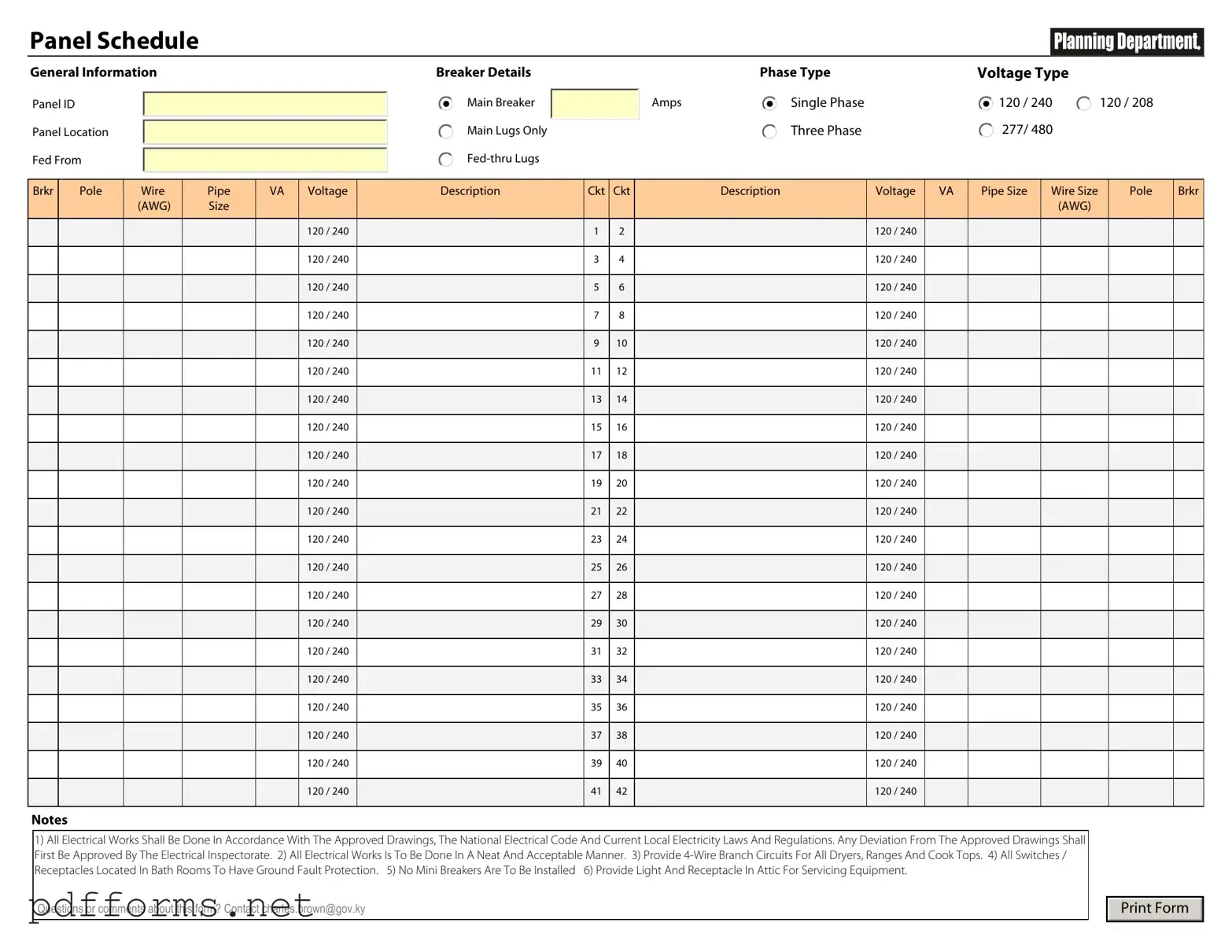 Download Electrical Panel Schedule Template