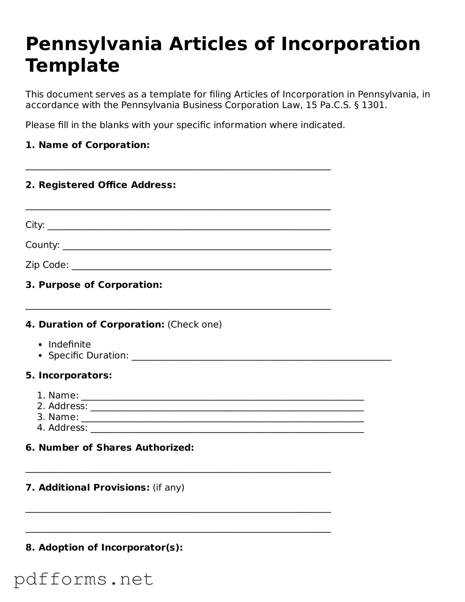 Free  Articles of Incorporation Document for Pennsylvania