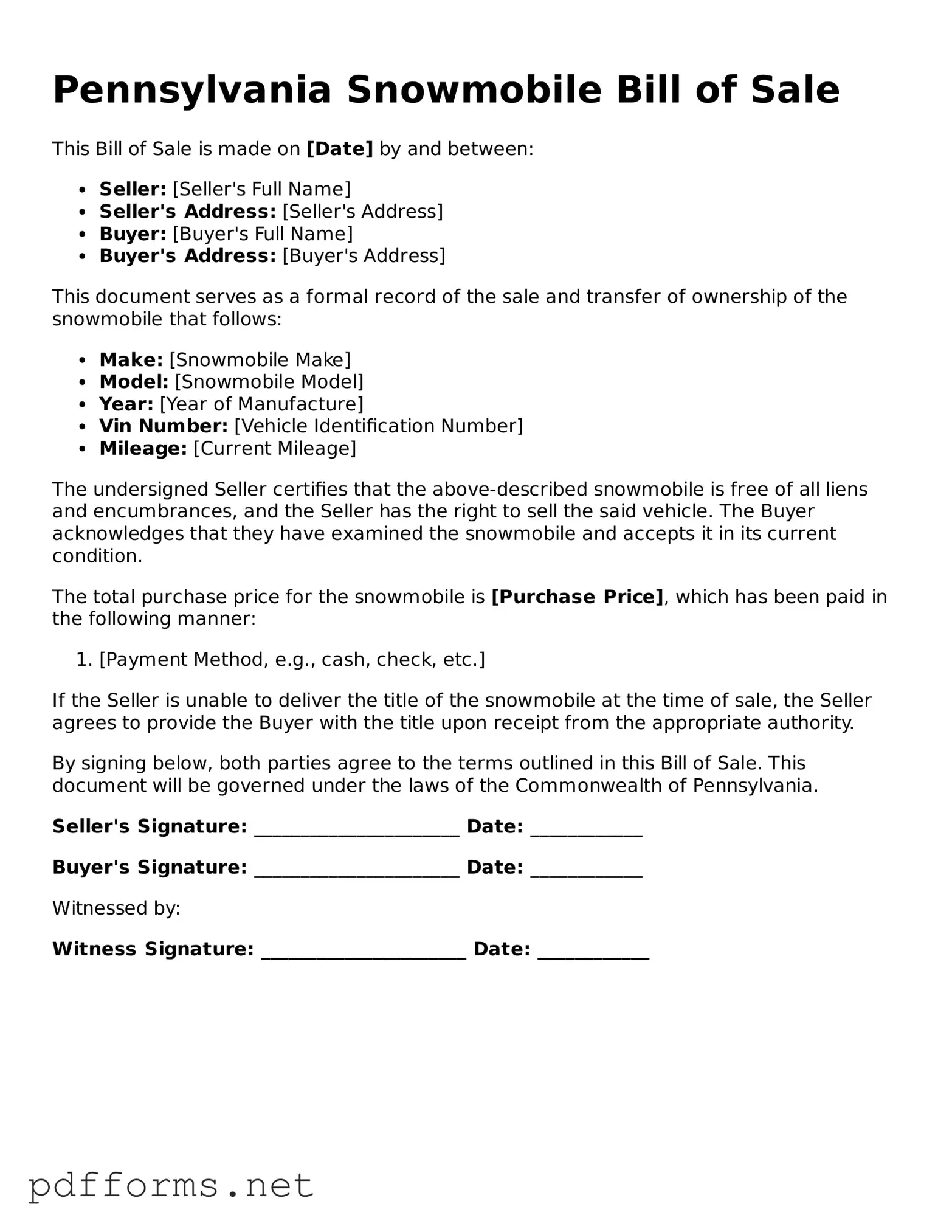 Free  Snowmobile Bill of Sale Document for Pennsylvania