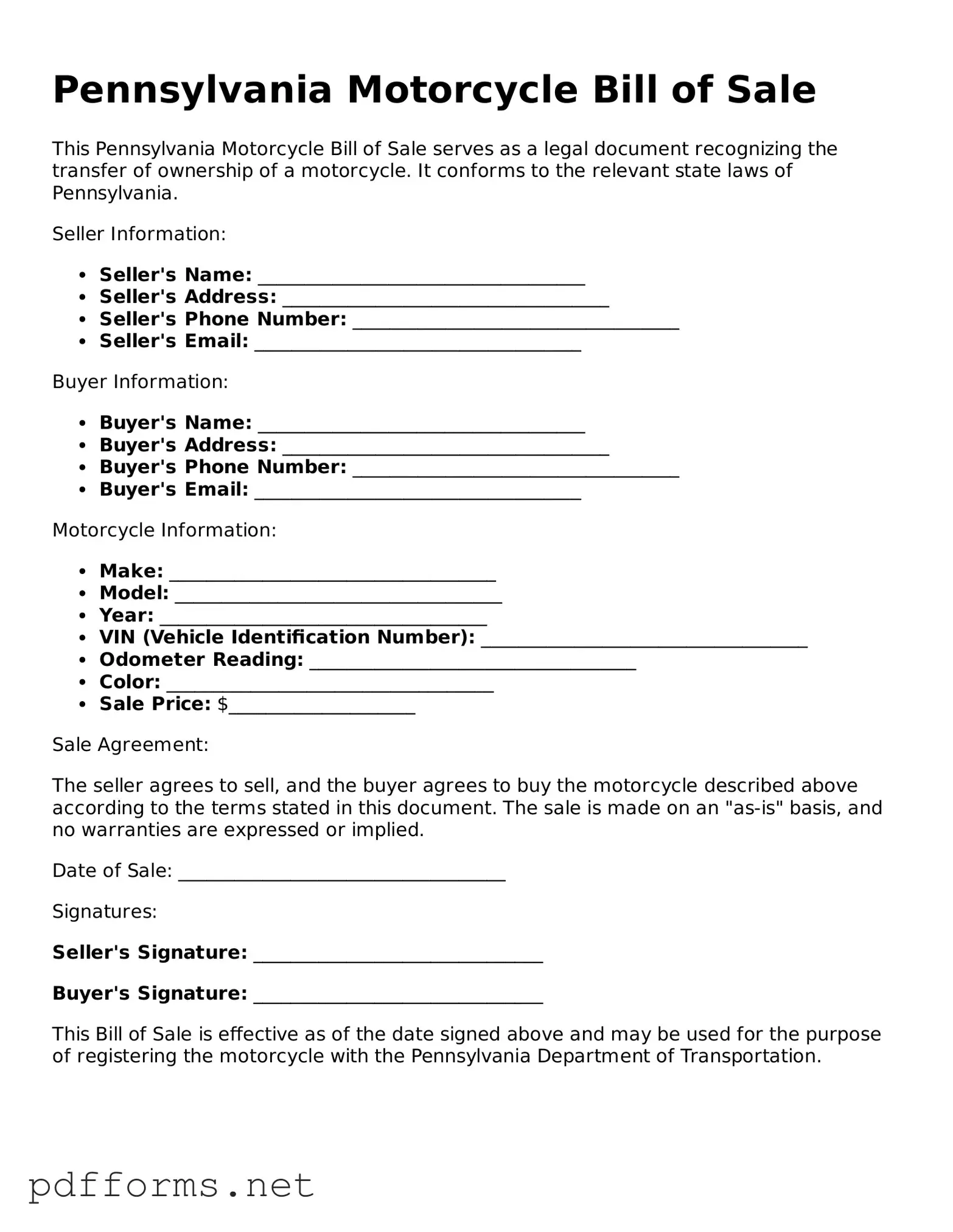 Free  Motorcycle Bill of Sale Document for Pennsylvania