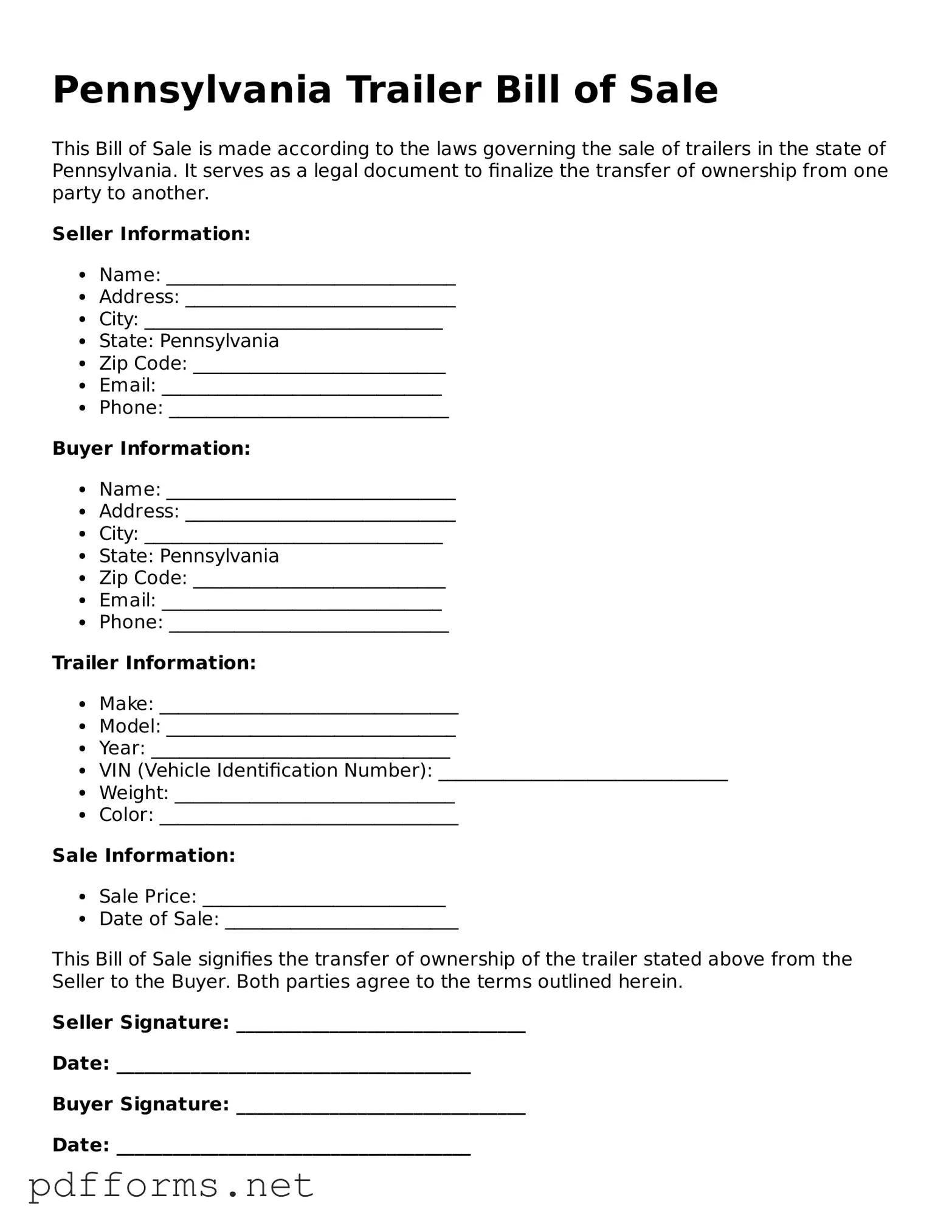 Free  Trailer Bill of Sale Document for Pennsylvania