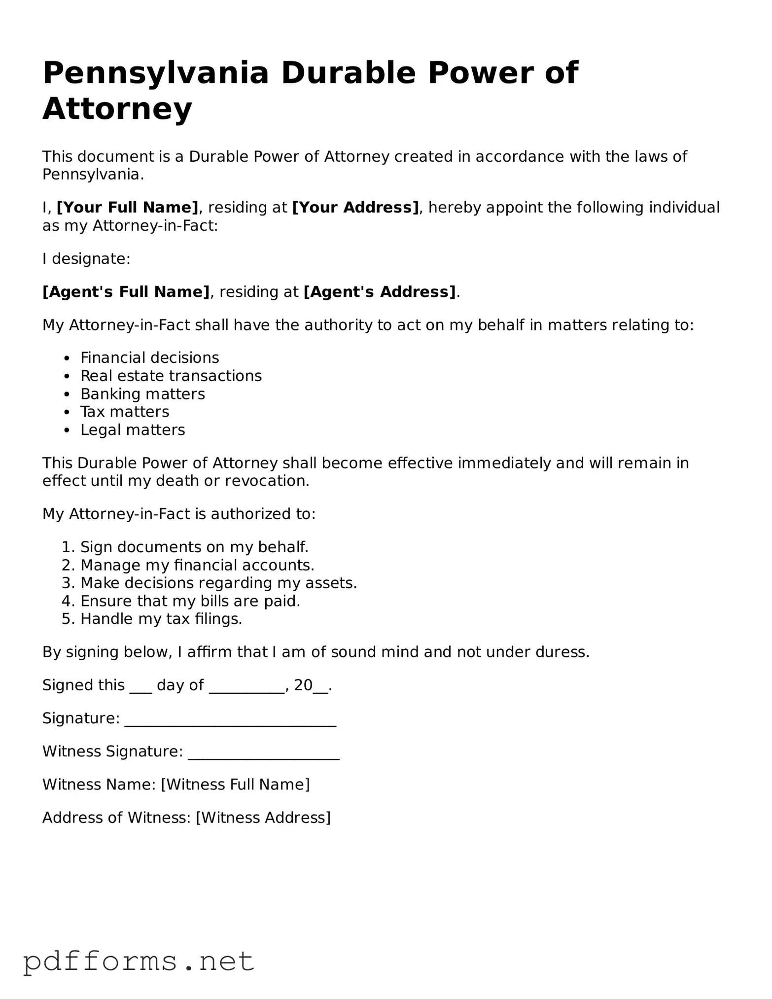 Free  Durable Power of Attorney Document for Pennsylvania