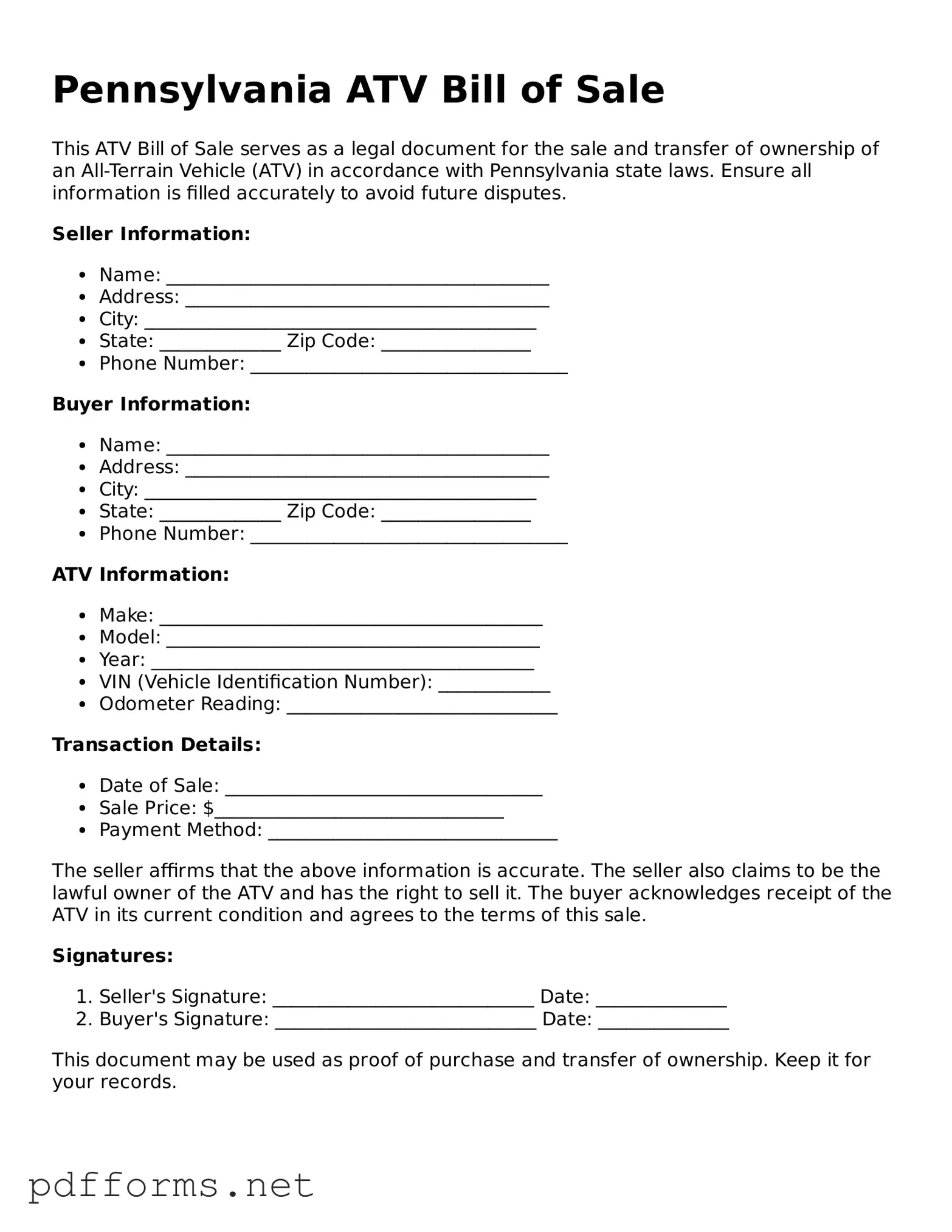 Free  ATV Bill of Sale Document for Pennsylvania