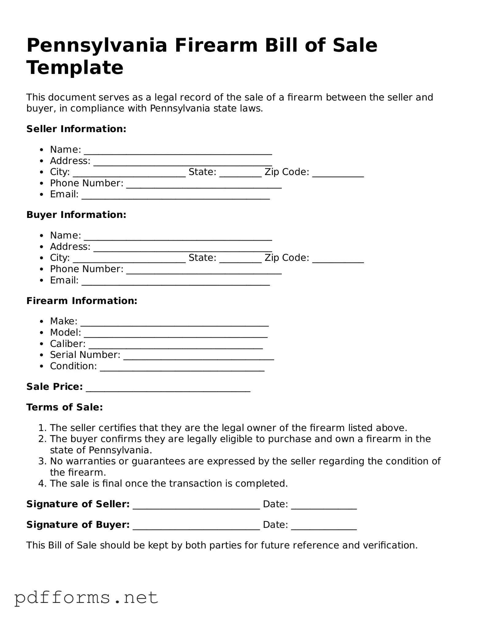 Free  Firearm Bill of Sale Document for Pennsylvania