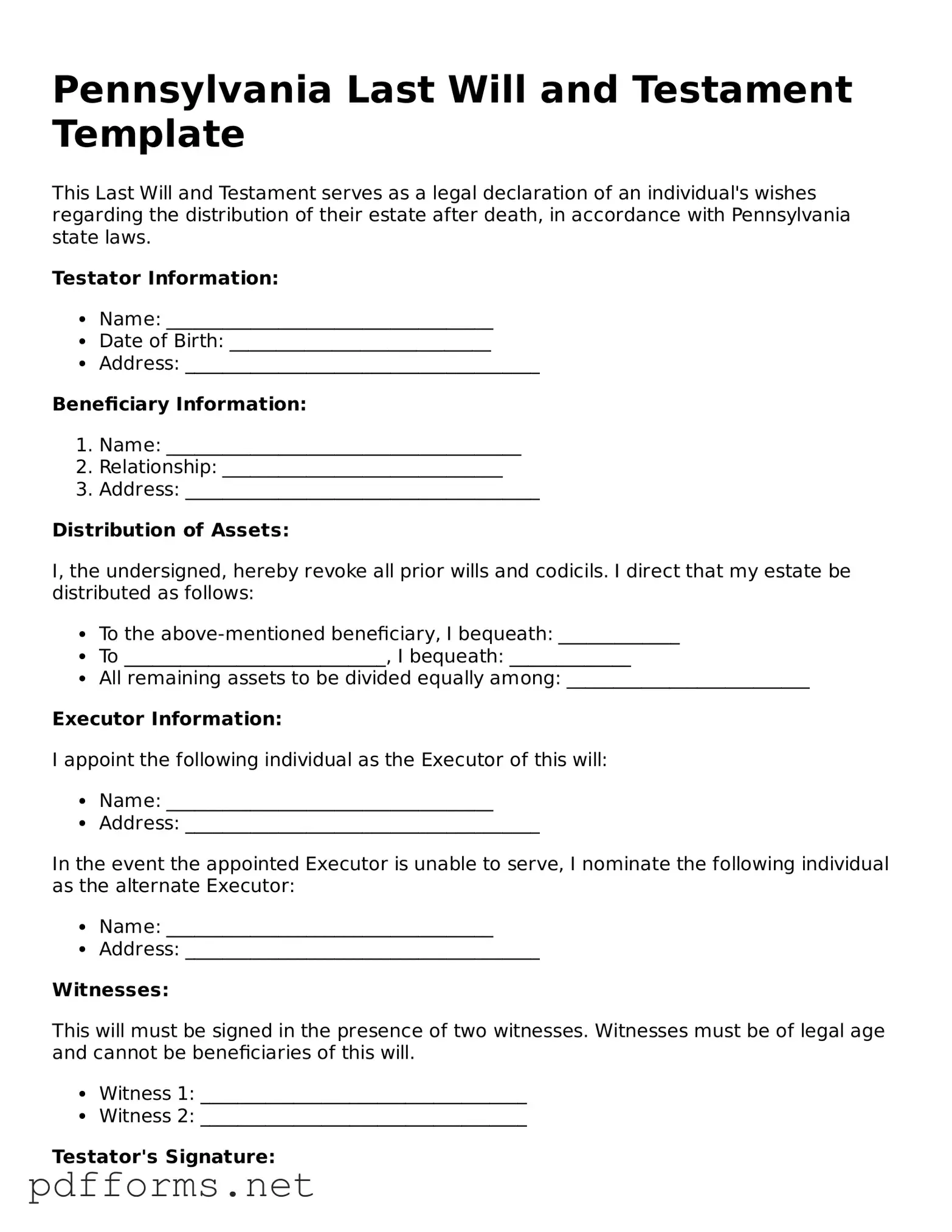 Free  Last Will and Testament Document for Pennsylvania