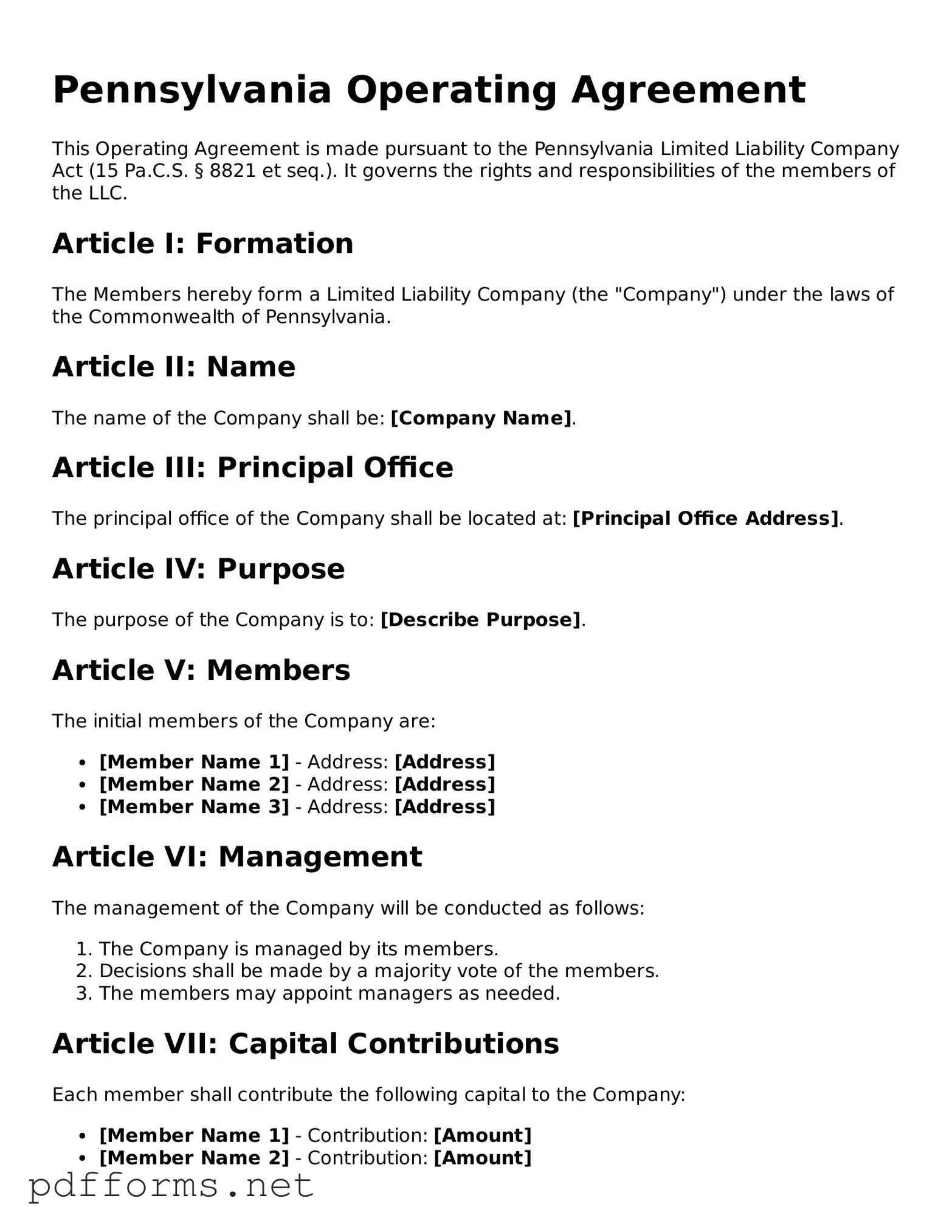 Free  Operating Agreement Document for Pennsylvania