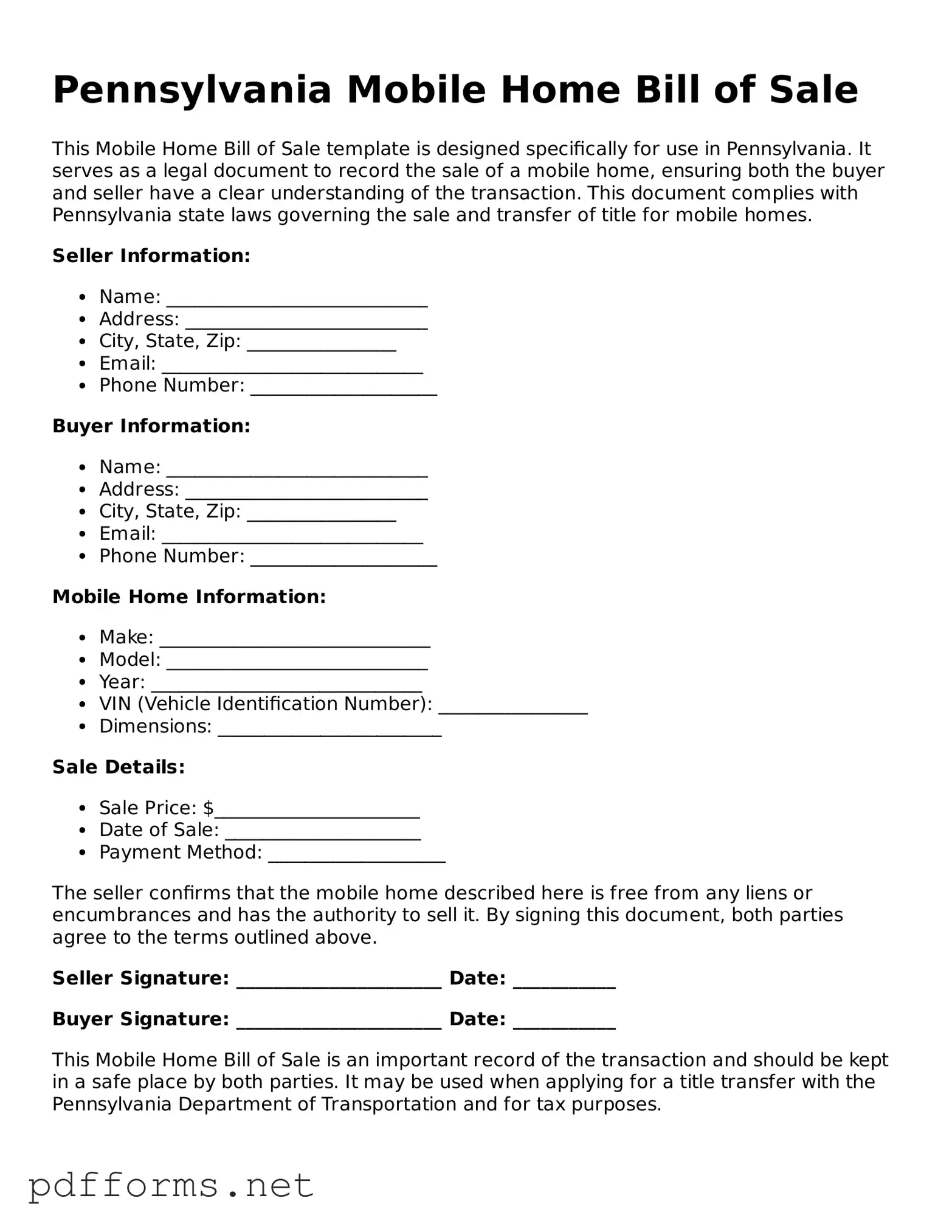 Free  Mobile Home Bill of Sale Document for Pennsylvania