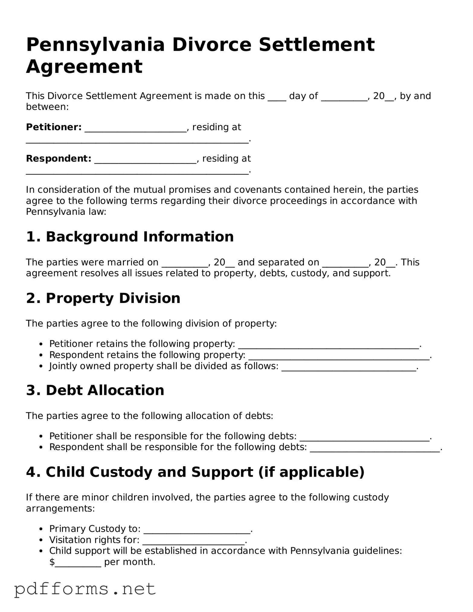 Free  Divorce Settlement Agreement Document for Pennsylvania
