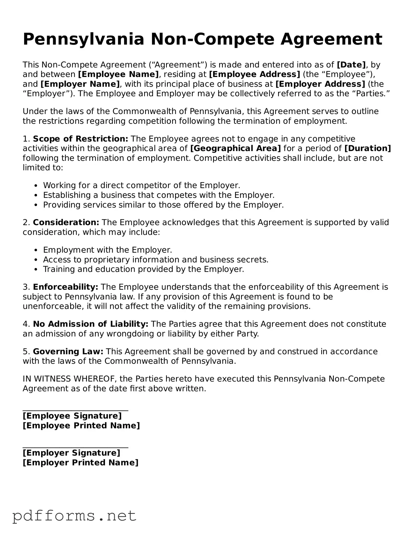 Free  Non-compete Agreement Document for Pennsylvania