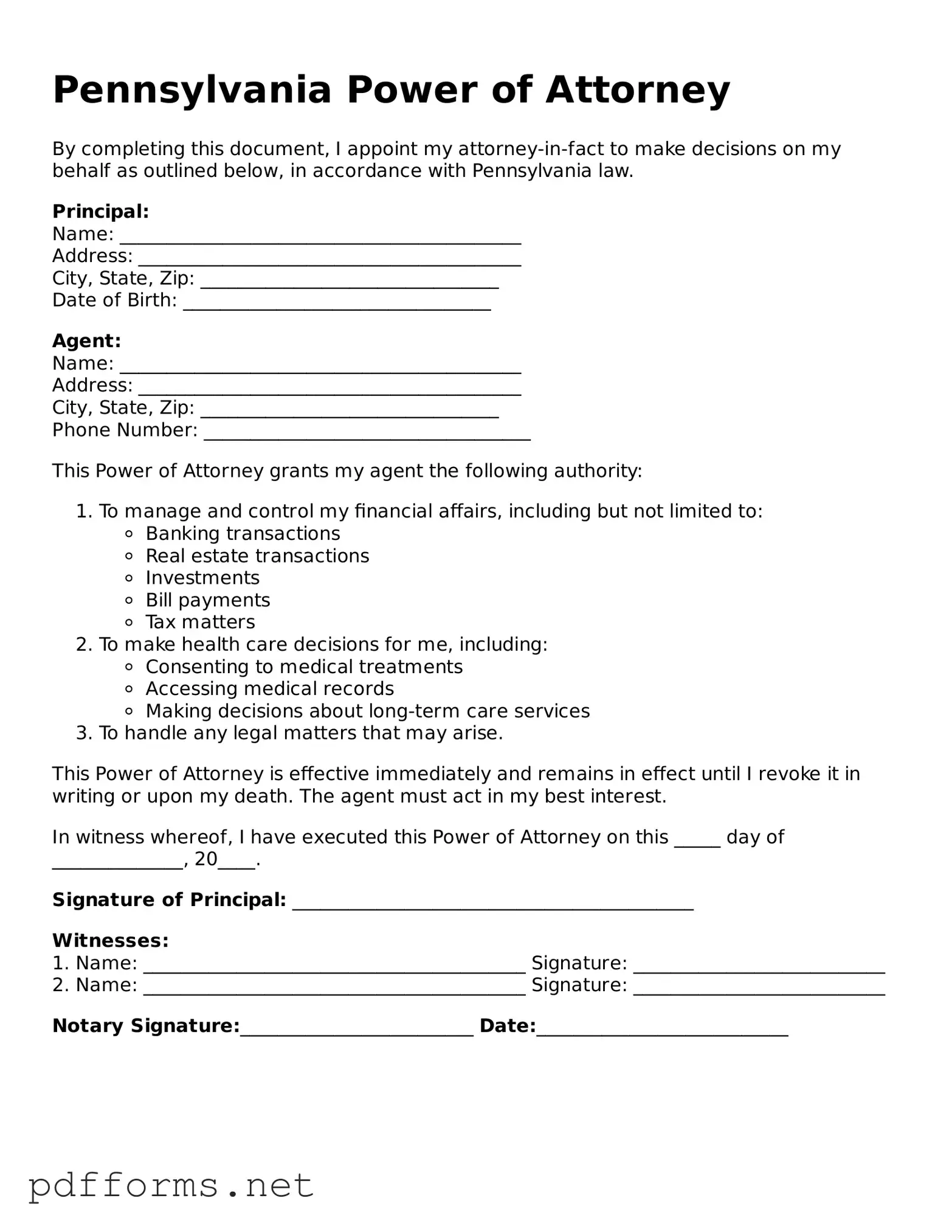 Free  Power of Attorney Document for Pennsylvania
