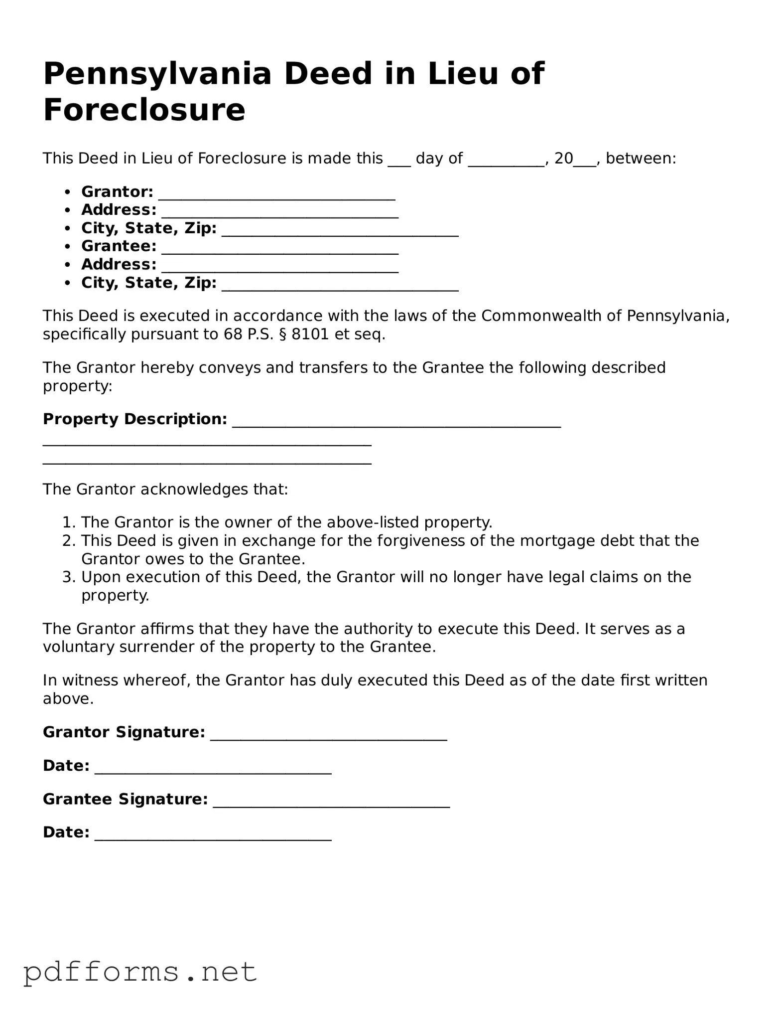Free  Deed in Lieu of Foreclosure Document for Pennsylvania