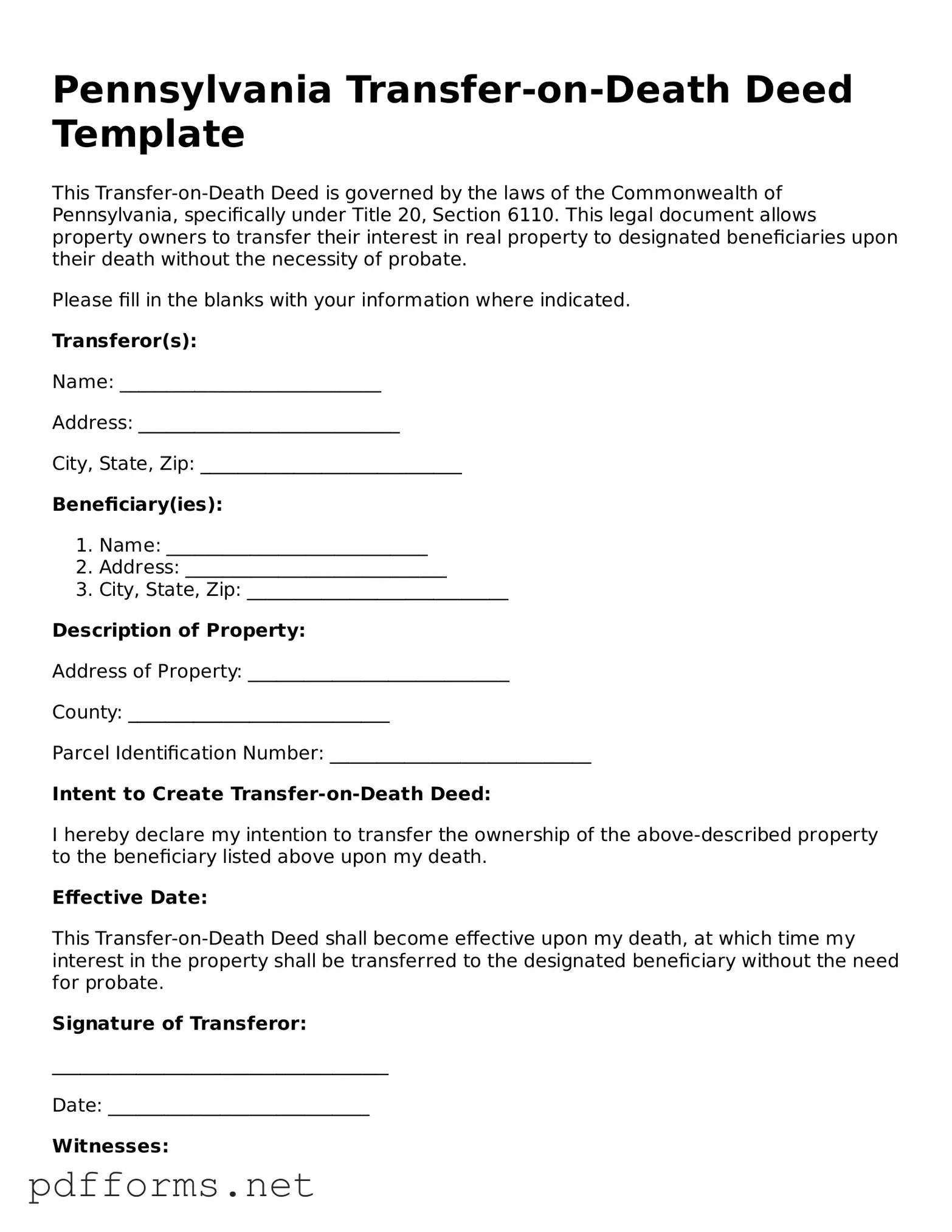 Free  Transfer-on-Death Deed Document for Pennsylvania
