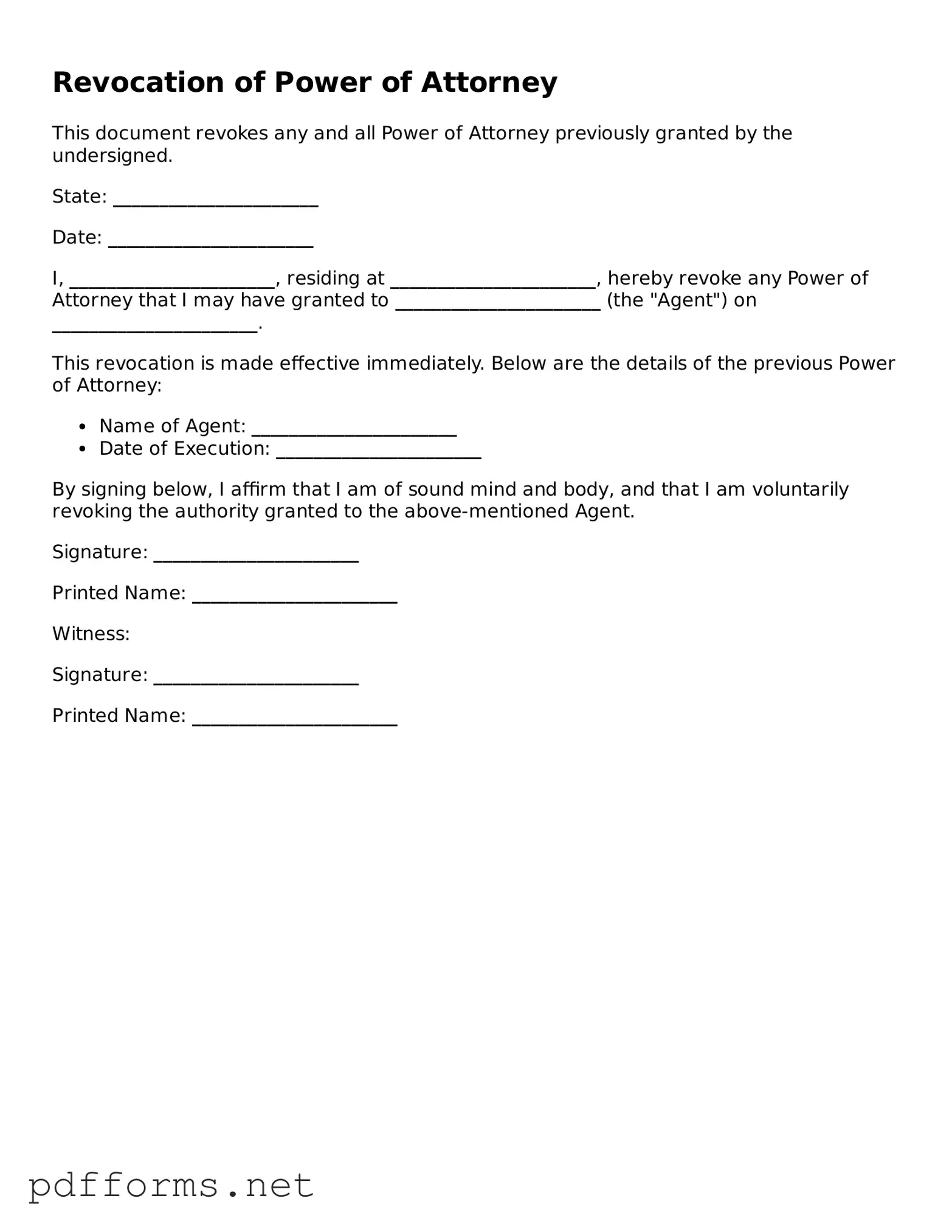 Official Revocation of Power of Attorney Template