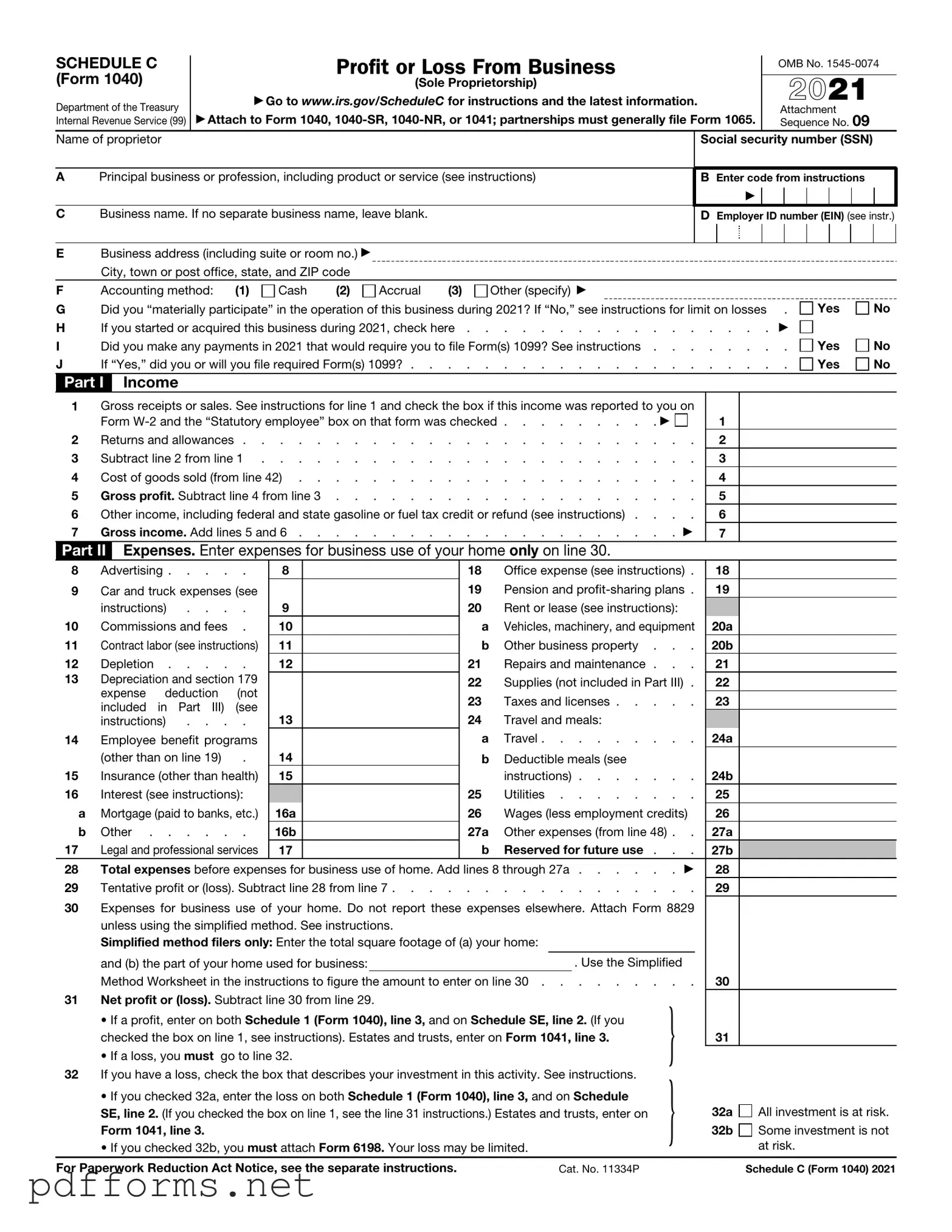 Download IRS Schedule C 1040 Template