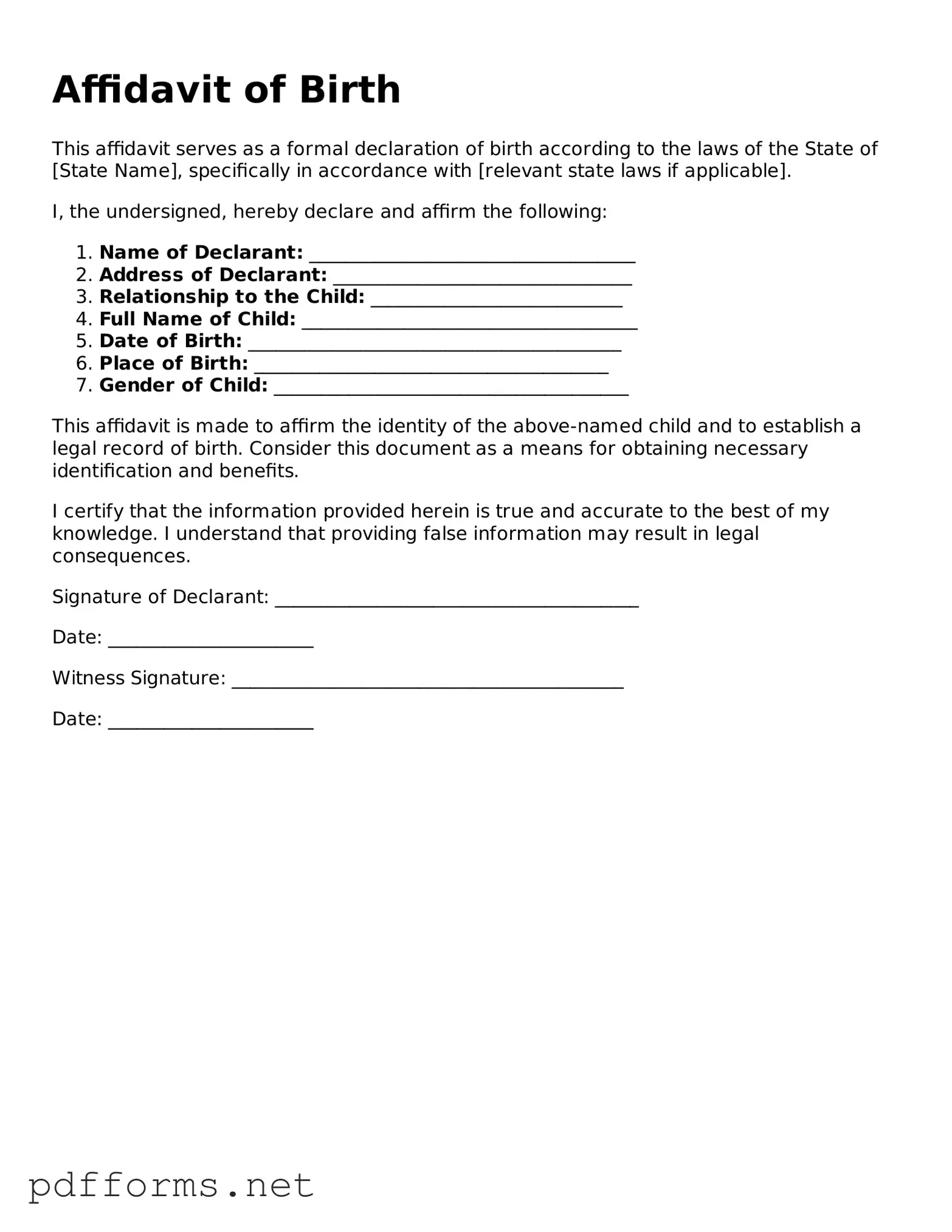 Official Affidavit of Birth Template